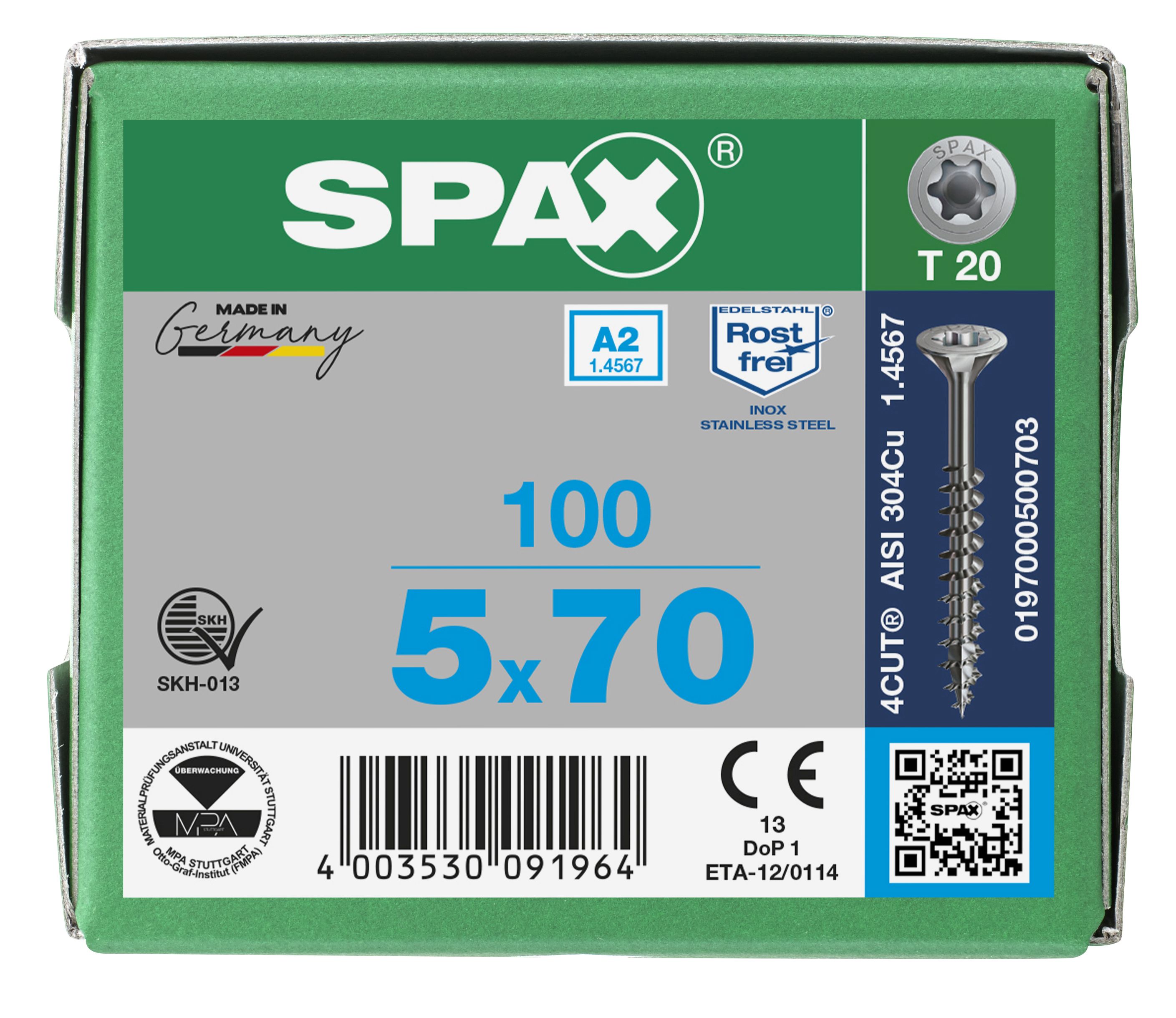 CABEZA MÚLTIPLE PLANA SPAX A2 T-STAR PLUS T20 ROSCA PARCIAL 100 UD.