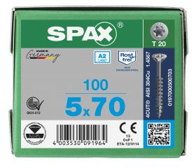CABEZA MÚLTIPLE PLANA SPAX A2 T-STAR PLUS T20 ROSCA PARCIAL 100 UD.