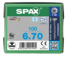 CABEZA MÚLTIPLE PLANA SPAX A2 T-STAR PLUS T30 ROSCA PARCIAL 100 UD.