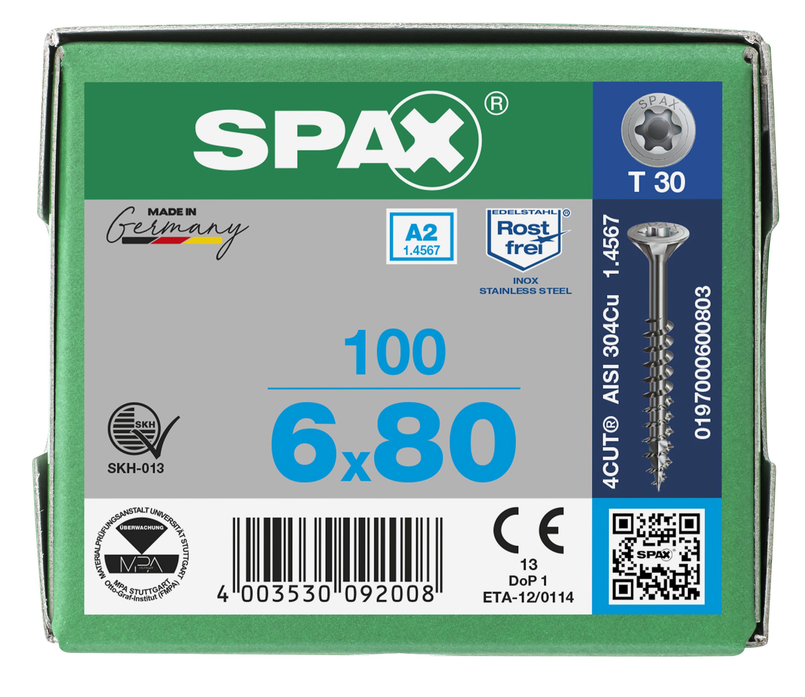 CABEZA MÚLTIPLE PLANA SPAX A2 T-STAR PLUS T30 ROSCA PARCIAL 100 UD.