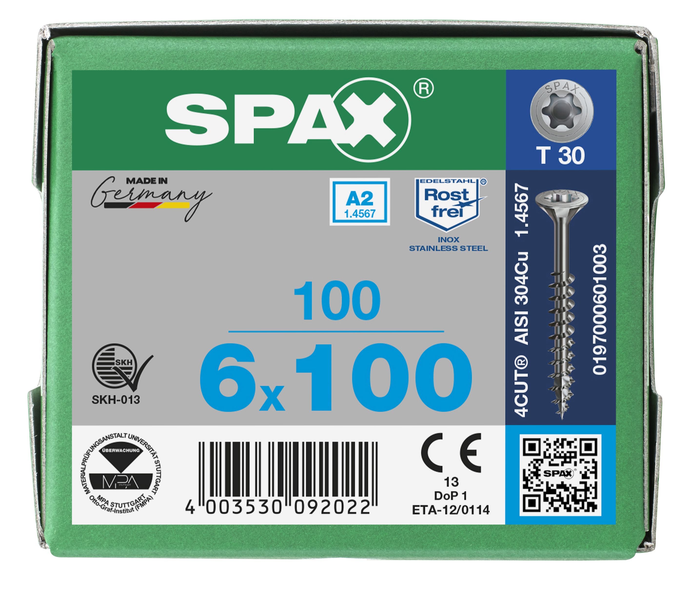 CABEZA MÚLTIPLE PLANA SPAX A2 T-STAR PLUS T30 ROSCA PARCIAL 100 UD.