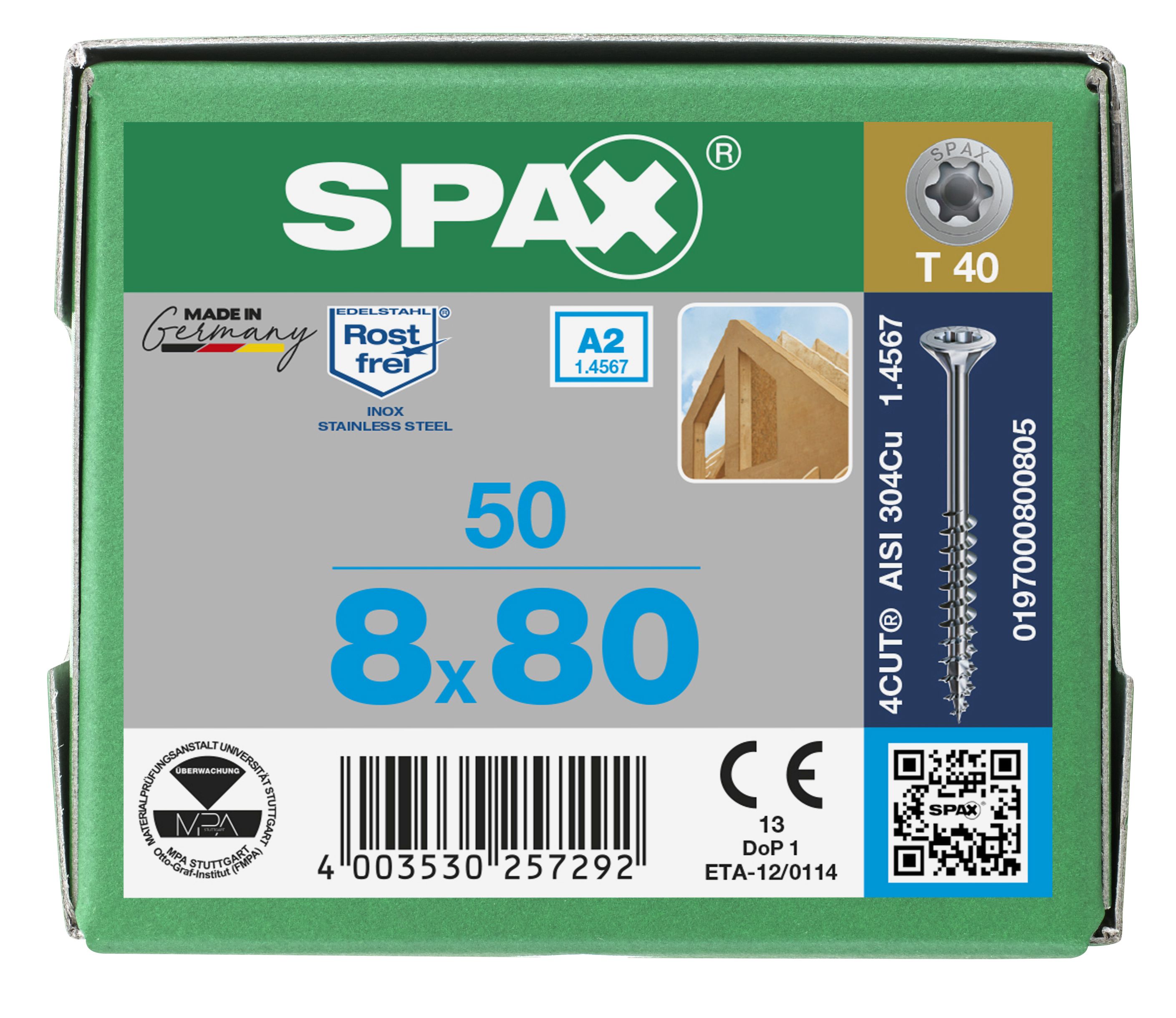 CABEZA MÚLTIPLE PLANA SPAX A2 T-STAR PLUS T40 ROSCA PARCIAL 4CUT 50 UD.