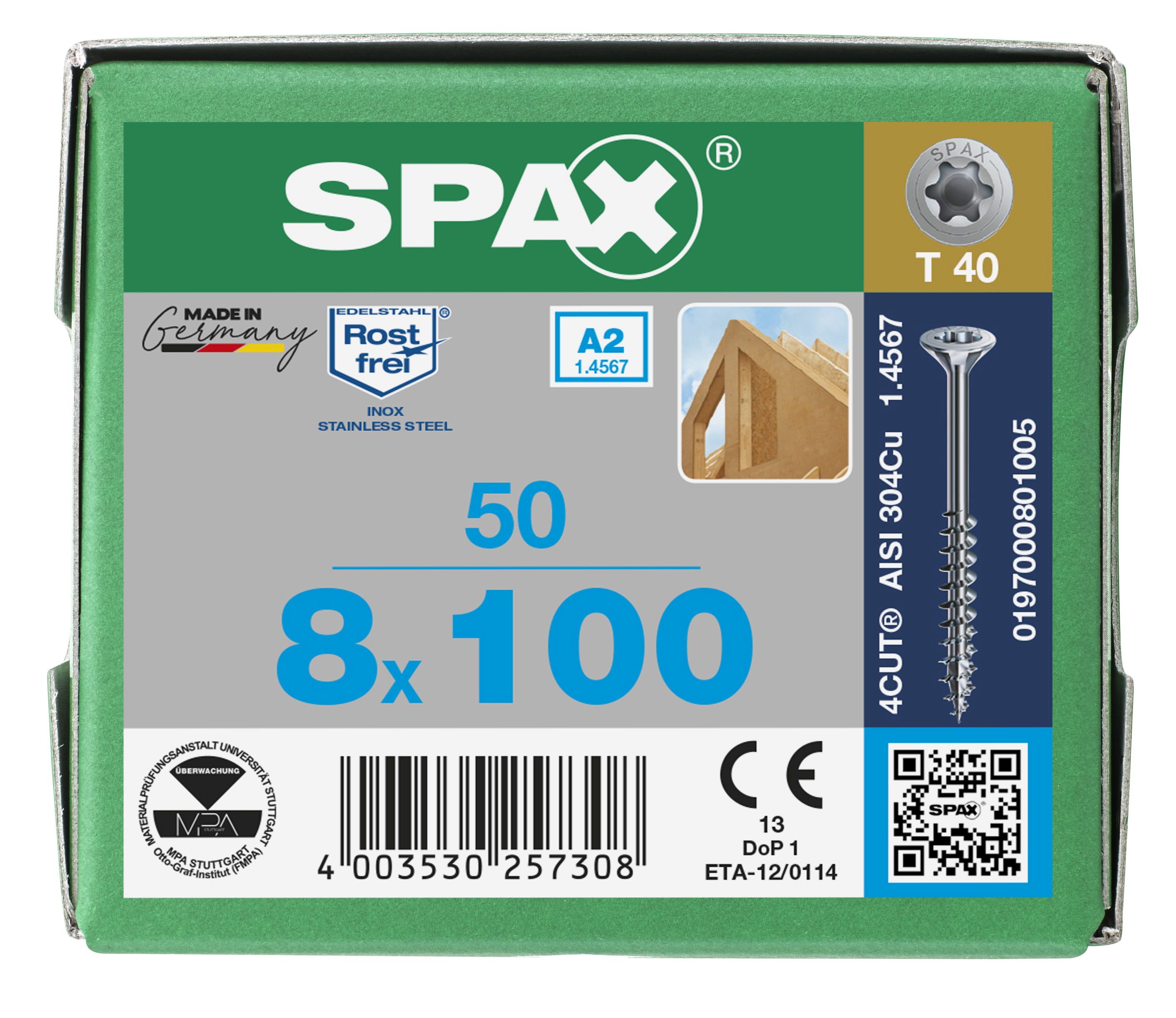 CABEZA MÚLTIPLE PLANA SPAX A2 T-STAR PLUS T40 ROSCA PARCIAL 4CUT 50 UD.