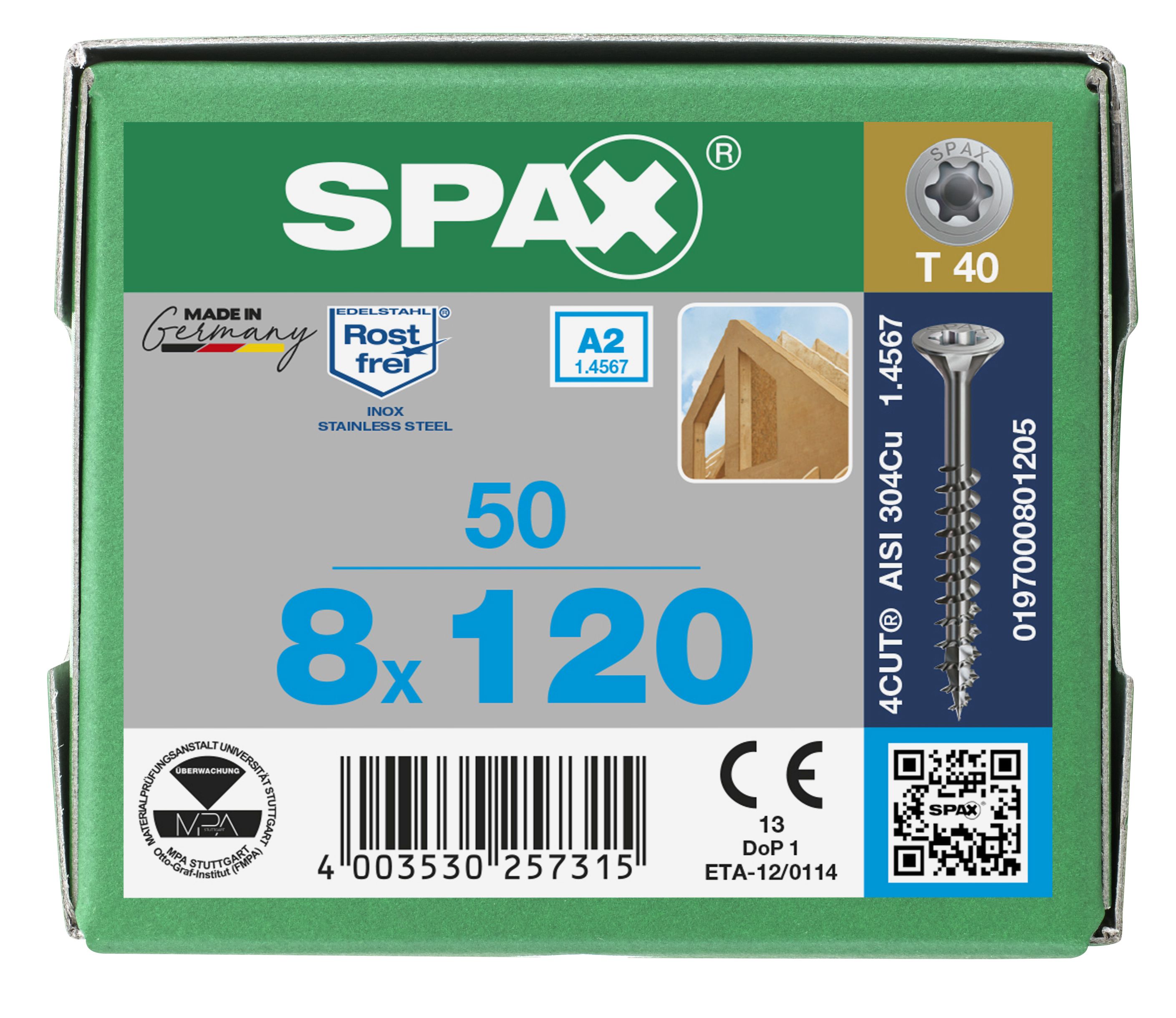 CABEZA MÚLTIPLE PLANA SPAX A2 T-STAR PLUS T40 ROSCA PARCIAL 4CUT 50 UD.