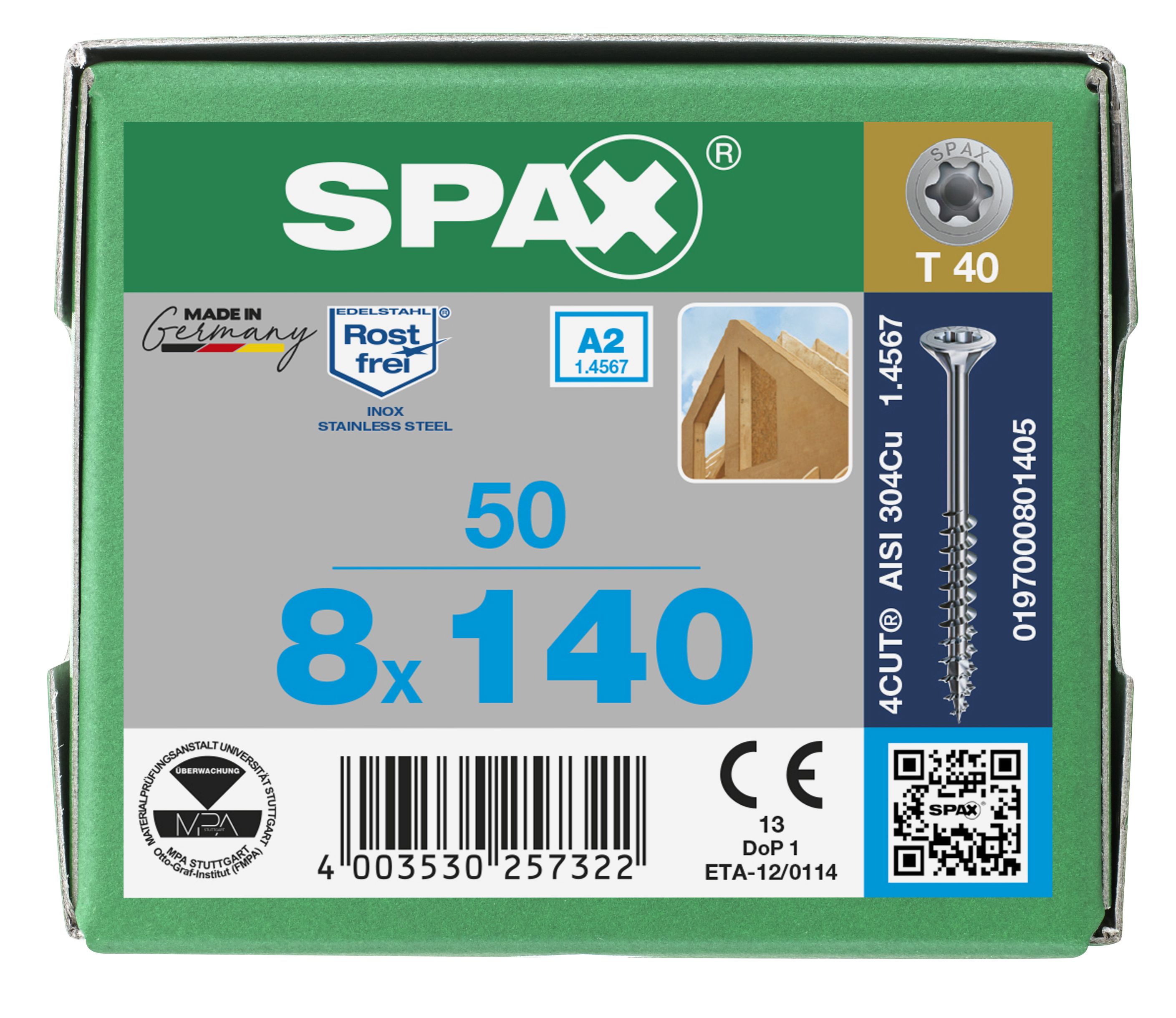 CABEZA MÚLTIPLE PLANA SPAX A2 T-STAR PLUS T40 ROSCA PARCIAL 4CUT 50 UD.