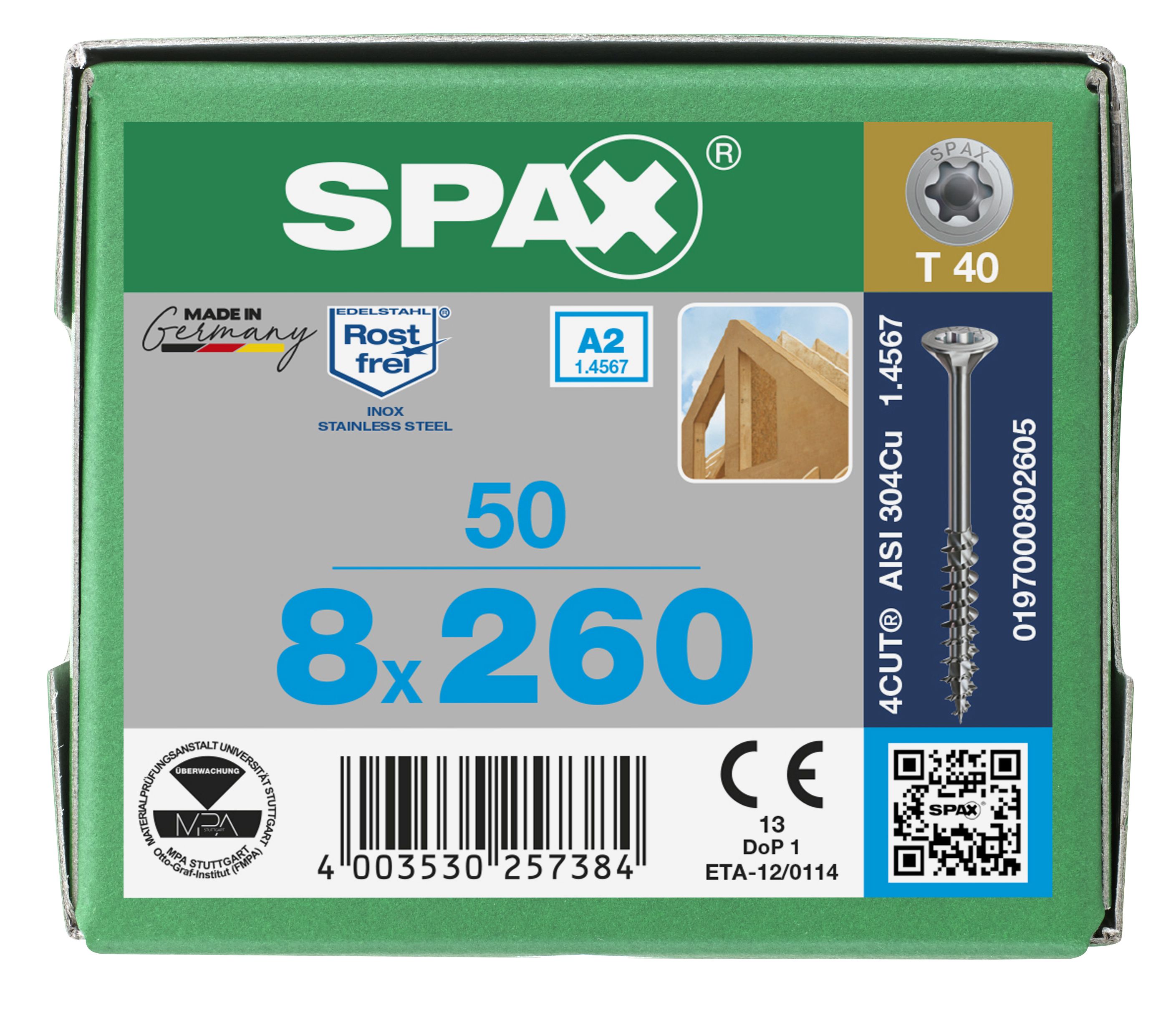 CABEZA MÚLTIPLE PLANA SPAX A2 T-STAR PLUS T40 ROSCA PARCIAL 4CUT 50 UD.