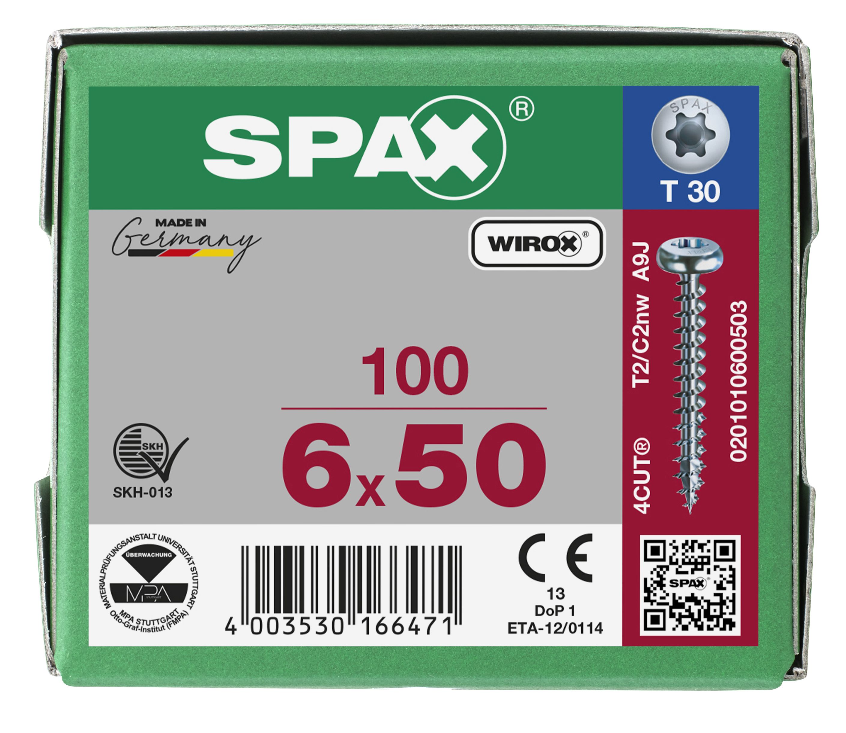 CABEZA REDONDA SPAX T-STAR PLUS T30 ROSCA COMPLETA WIROX 100 UD.