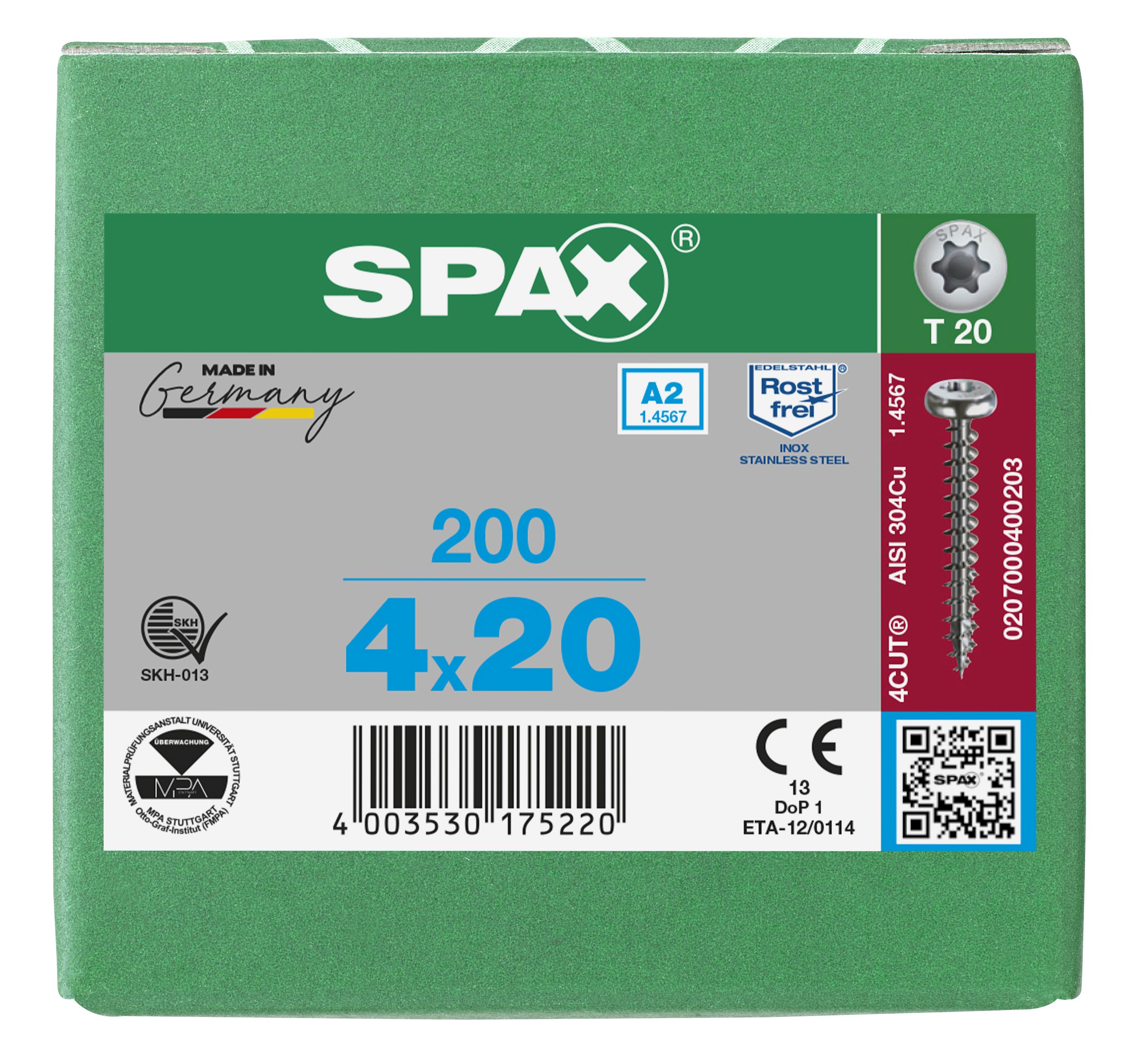 CABEZA REDONDA SPAX A2 T-STAR PLUS T20 ROSCA COMPLETA 200 UD.
