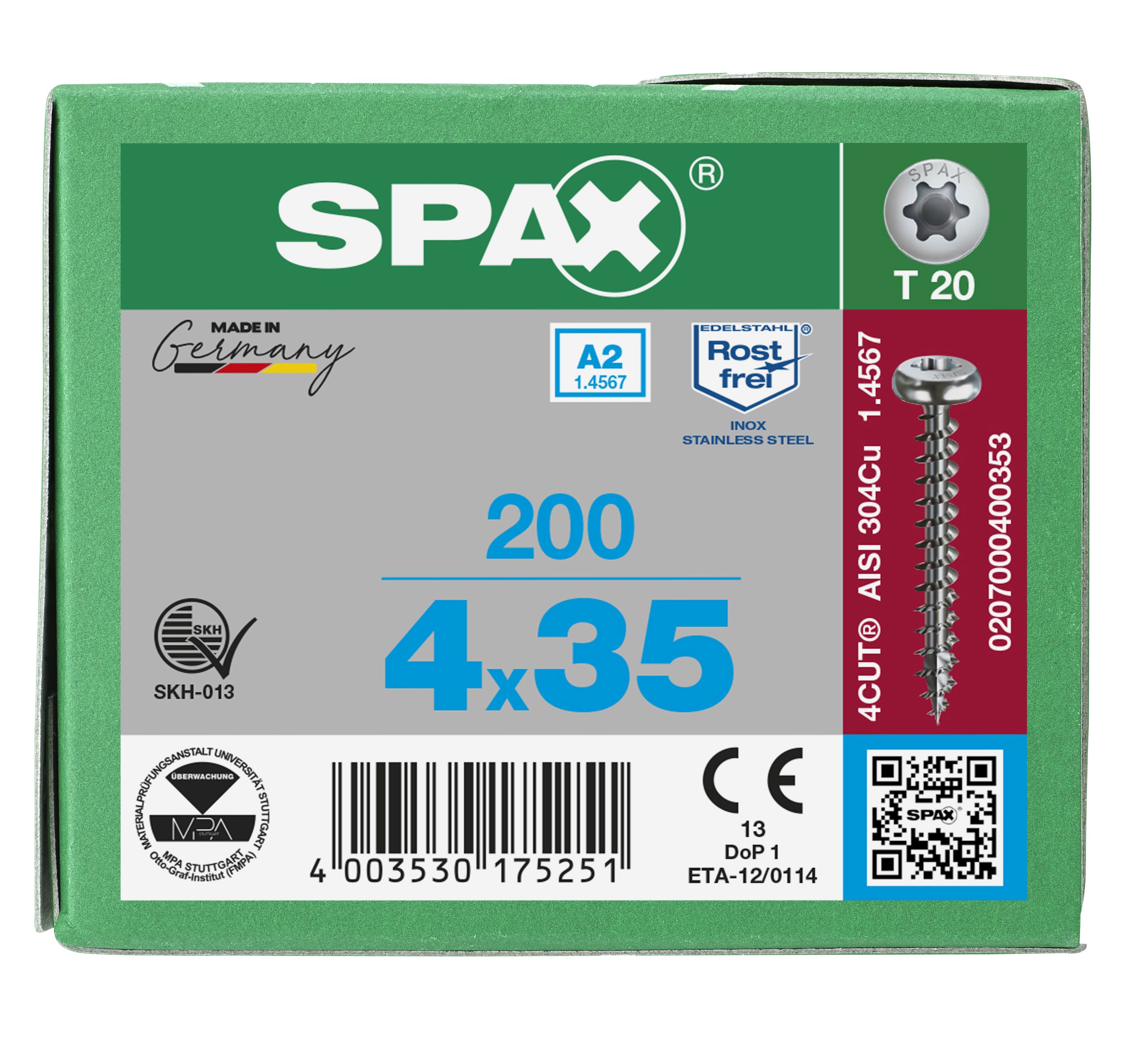 CABEZA REDONDA SPAX A2 T-STAR PLUS T20 ROSCA COMPLETA 200 UD.