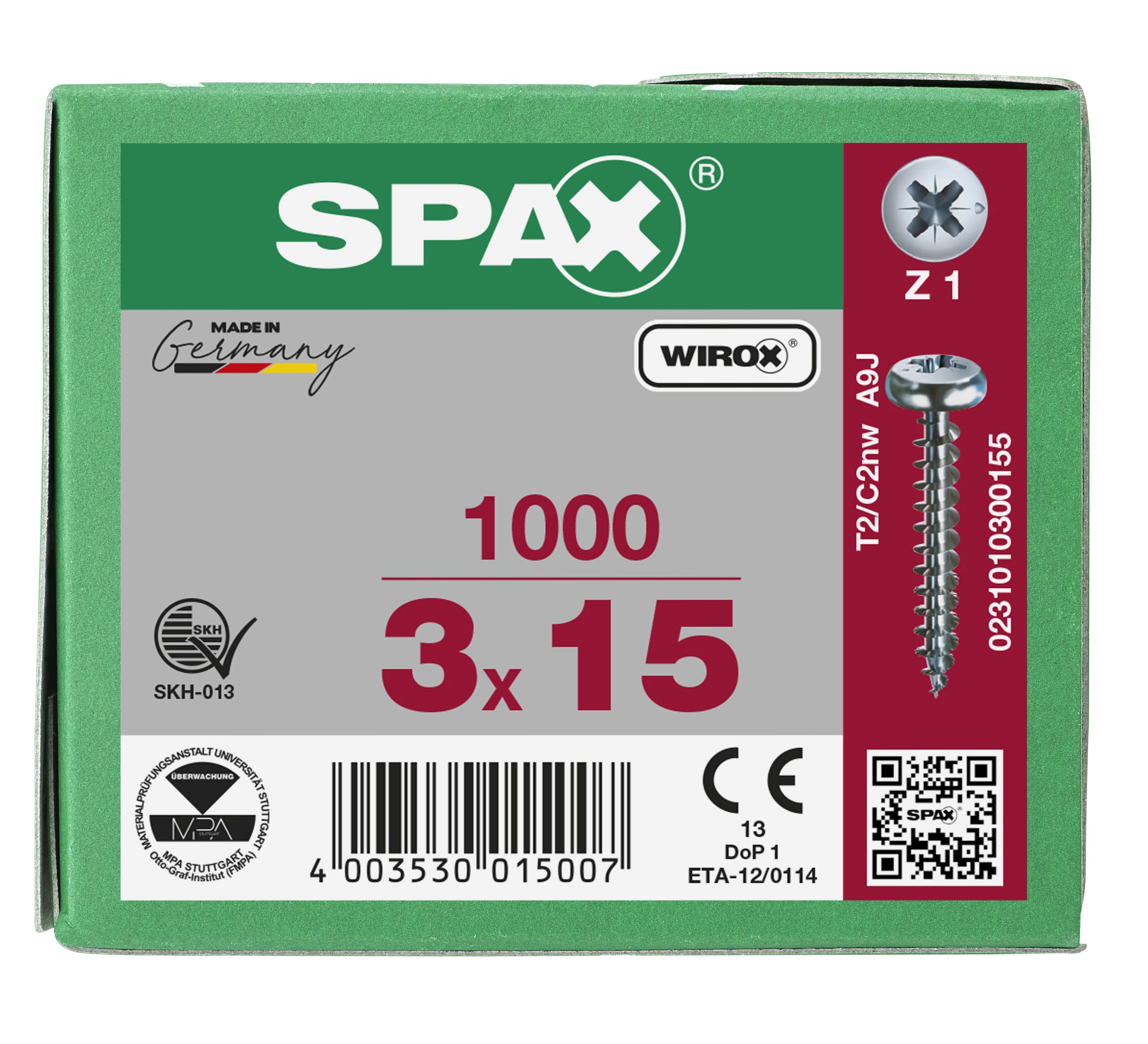 CABEZA REDONDA SPAX-S RANURA EN CRUZ Z1 ROSCA COMPLETA WIROX 1000 UD.