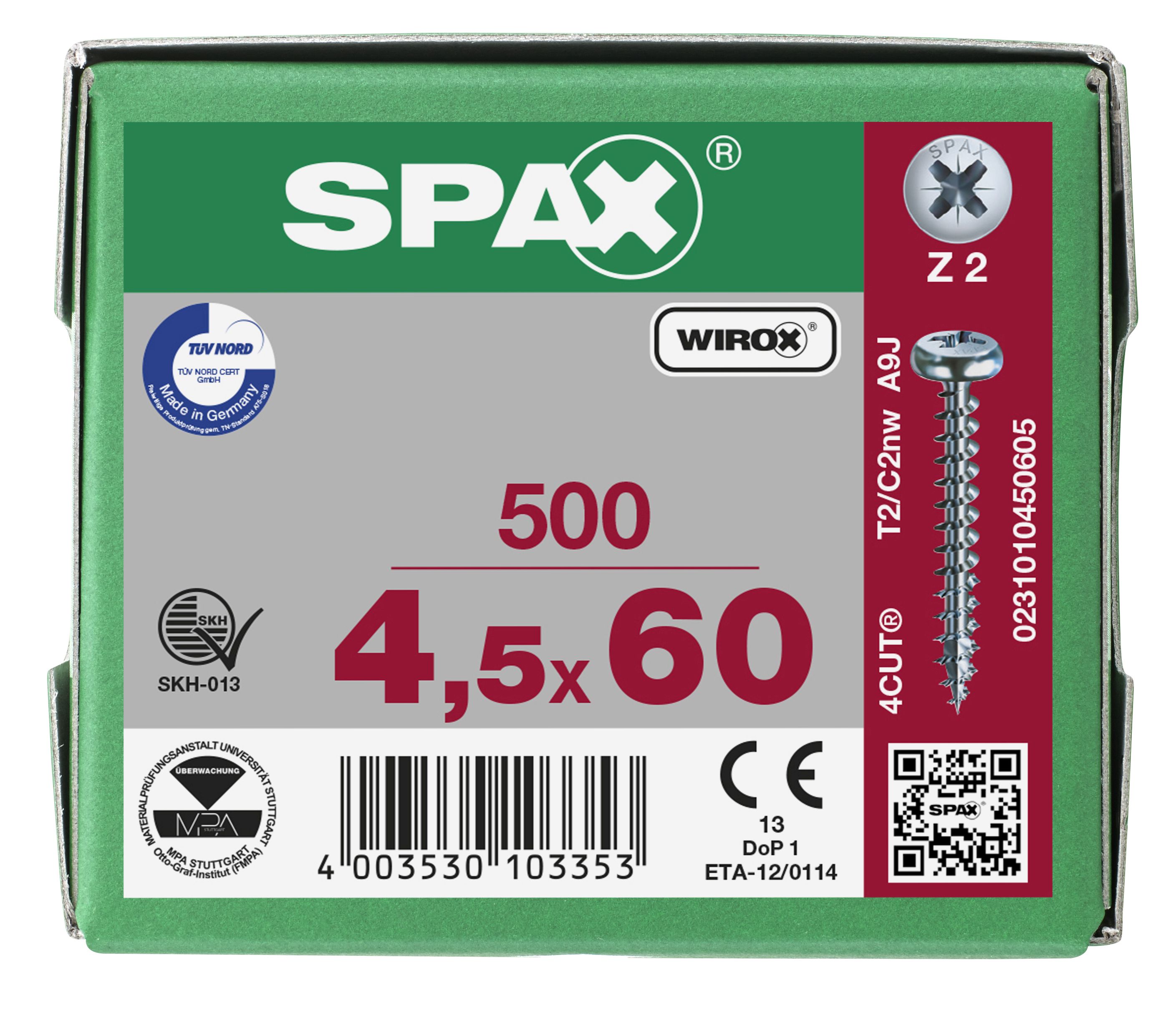 CABEZA REDONDA SPAX RANURA EN CRUZ Z2 ROSCA COMPLETA WIROX 500 UD.