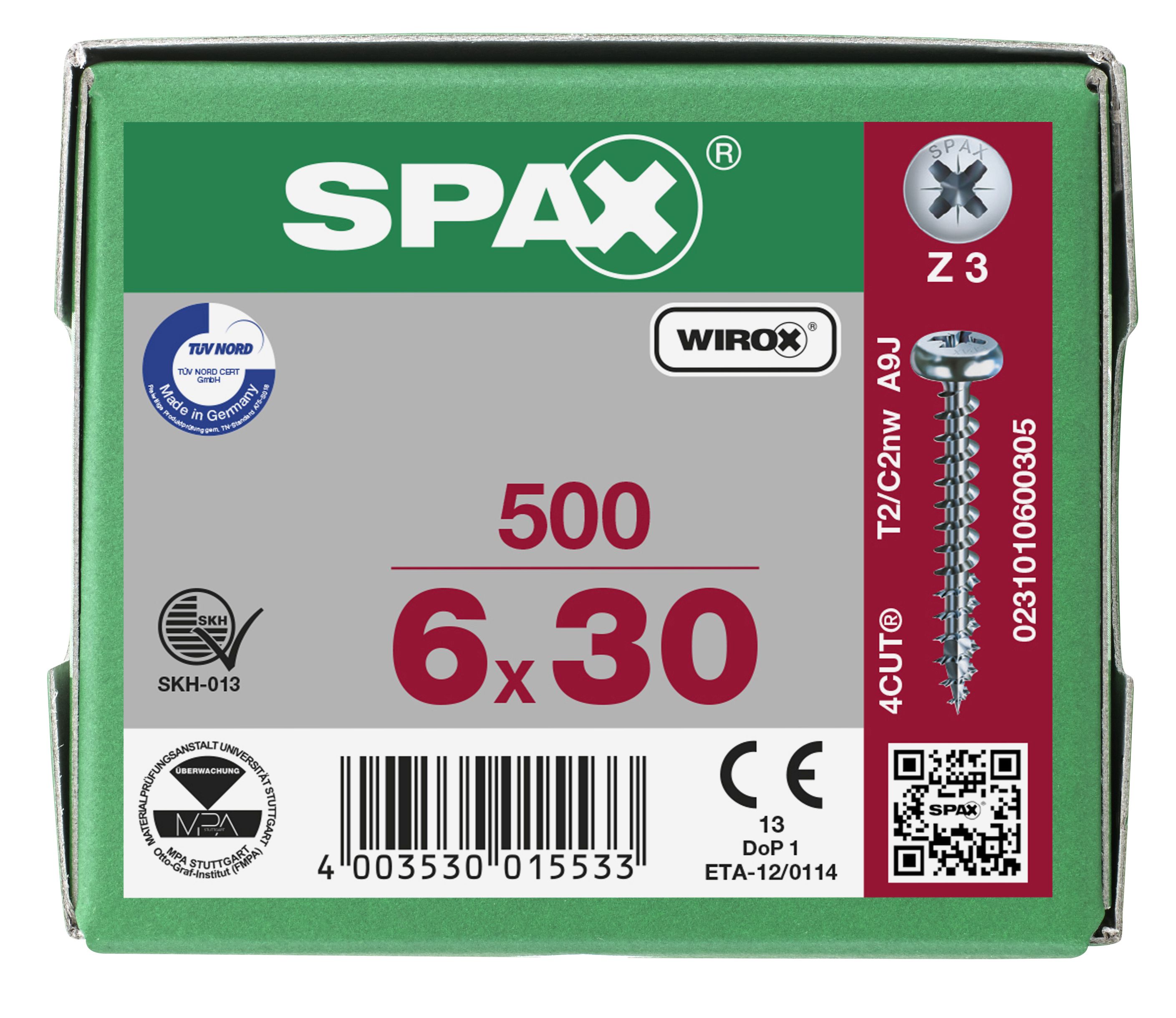 CABEZA REDONDA SPAX RANURA EN CRUZ Z3 ROSCA COMPLETA WIROX 500 UD.