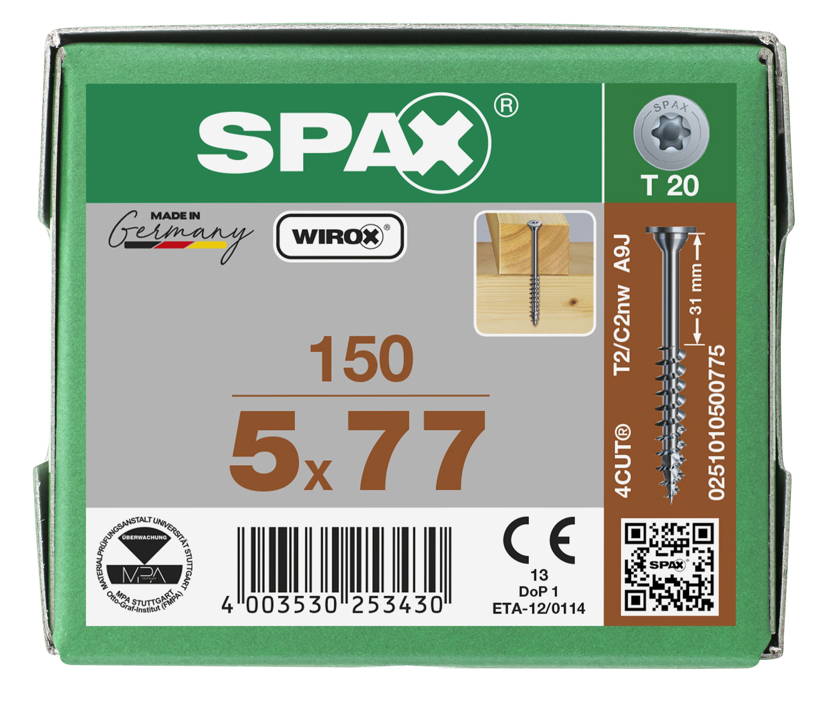 CABEZA ARANDELA SPAX SIN AVELLANADO T-STAR PLUS T20 LONGITUD DE ROSCA 46 MM WIROX 150 UD.