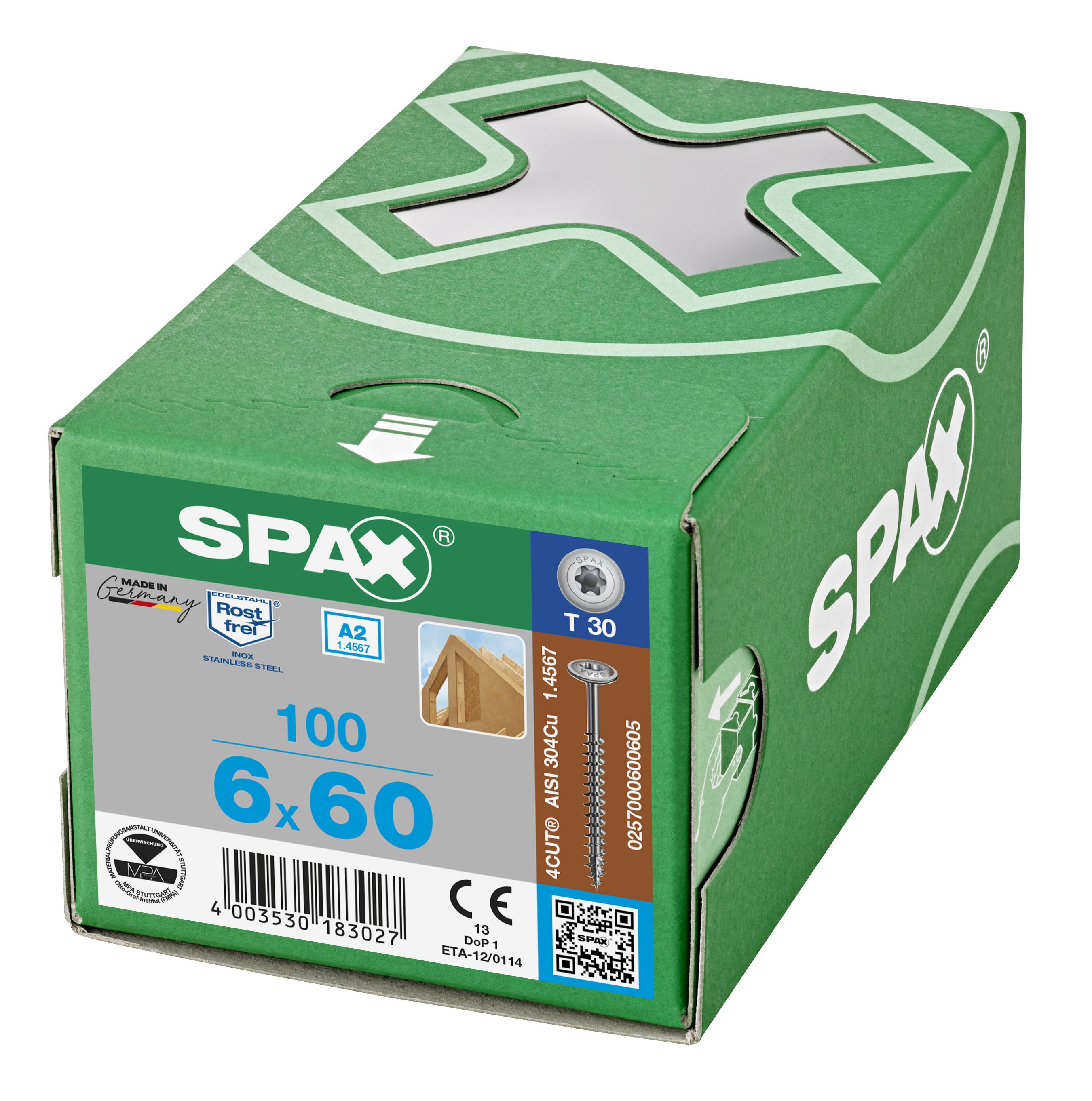 CABEZA ARANDELA SPAX A2 T-STAR PLUS T30 ROSCA COMPLETA 100 UD.