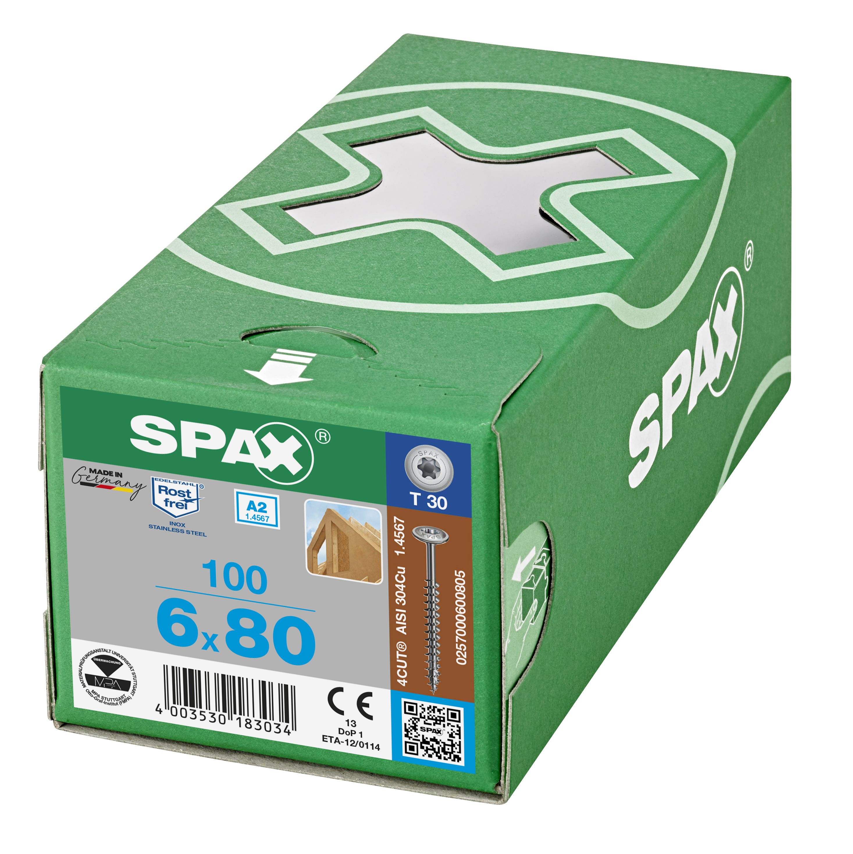 CABEZA ARANDELA SPAX A2 T-STAR PLUS T30 ROSCA COMPLETA 100 UD.