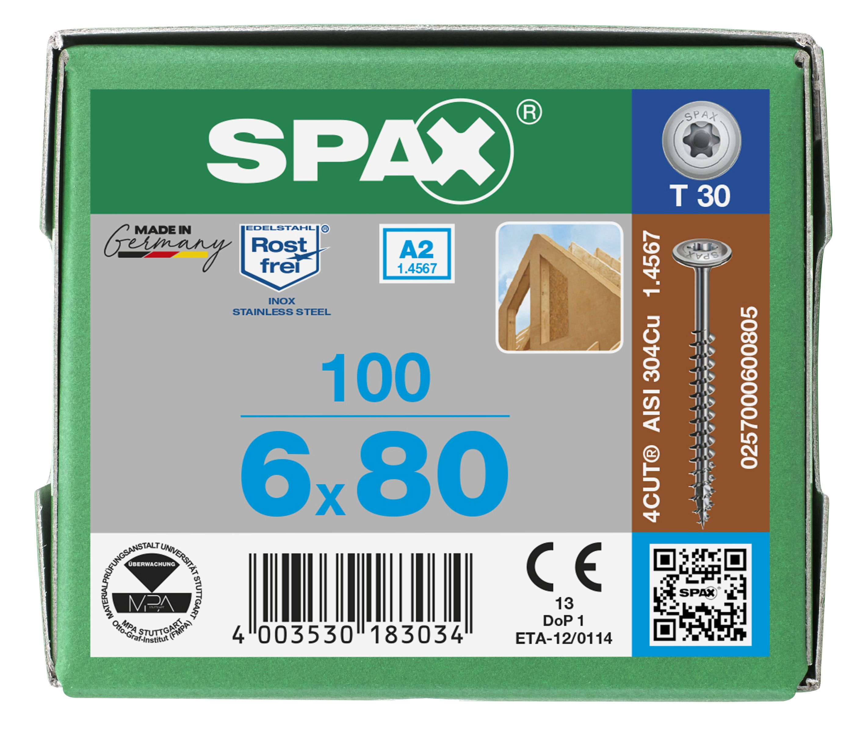 CABEZA ARANDELA SPAX A2 T-STAR PLUS T30 ROSCA COMPLETA 100 UD.