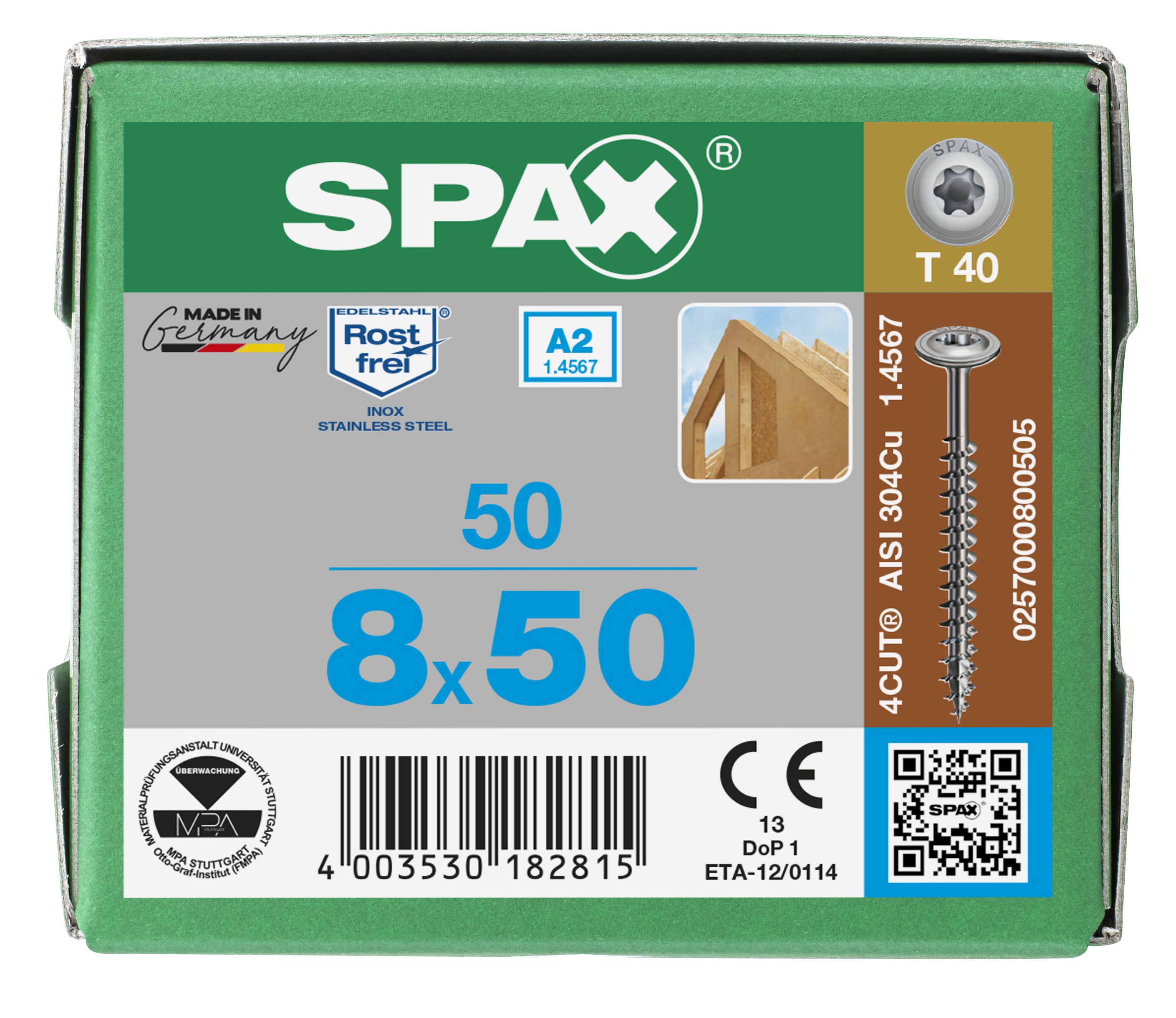 CABEZA ARANDELA SPAX A2 T-STAR PLUS T40 ROSCA PARCIAL 50 UD.