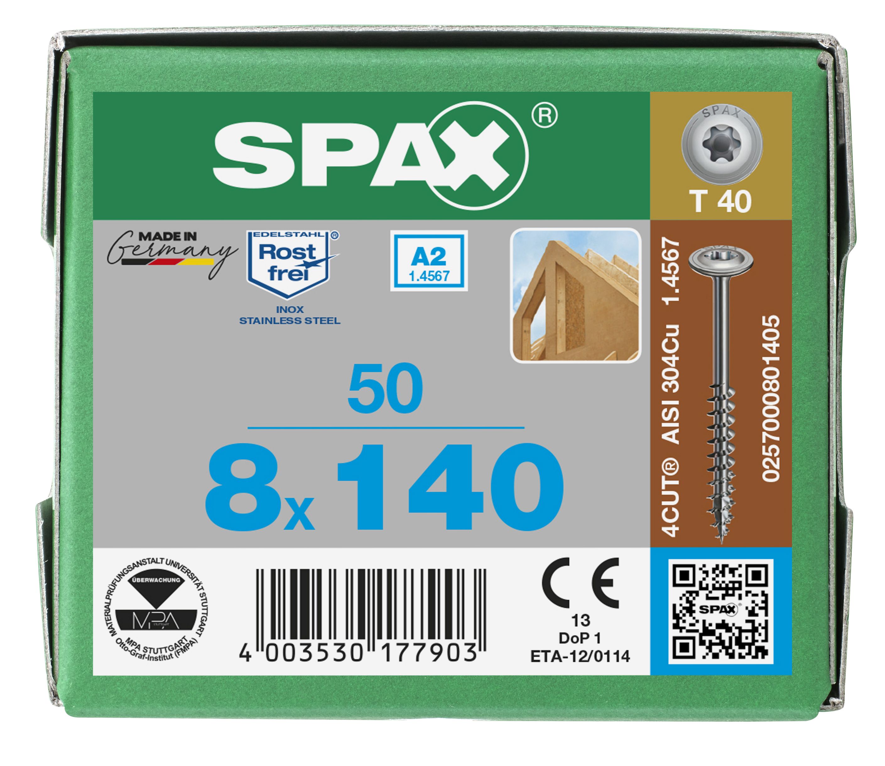 CABEZA ARANDELA SPAX A2 T-STAR PLUS T40 ROSCA PARCIAL 50 UD.