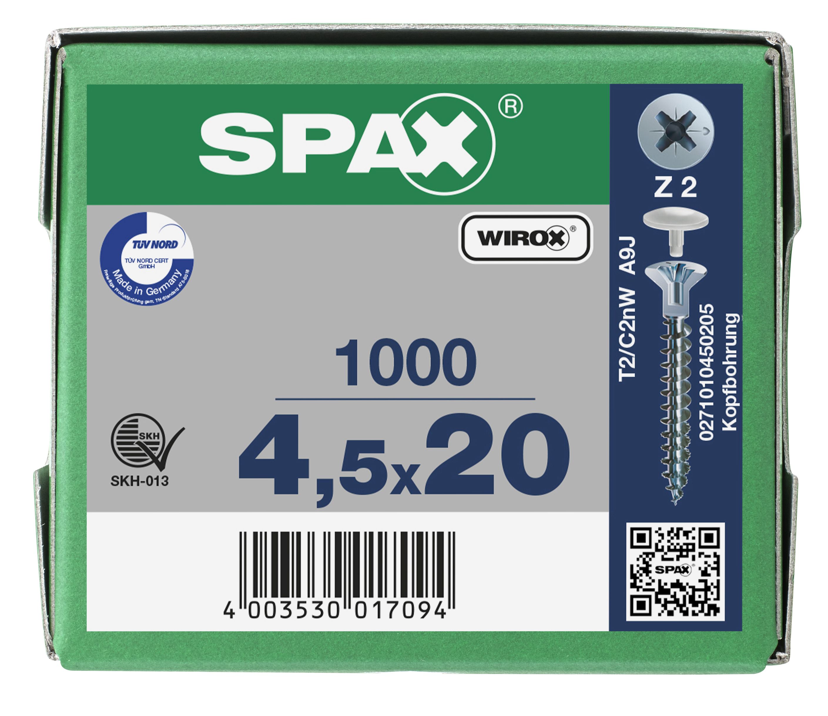 CABEZA PLANA SPAX-S NERVIOS FRESADORES TALADRO EN LA CABEZA 2,5 MM RANURA EN CRUZ Z2 ROSCA COMPLETA WIROX 1000 UD.