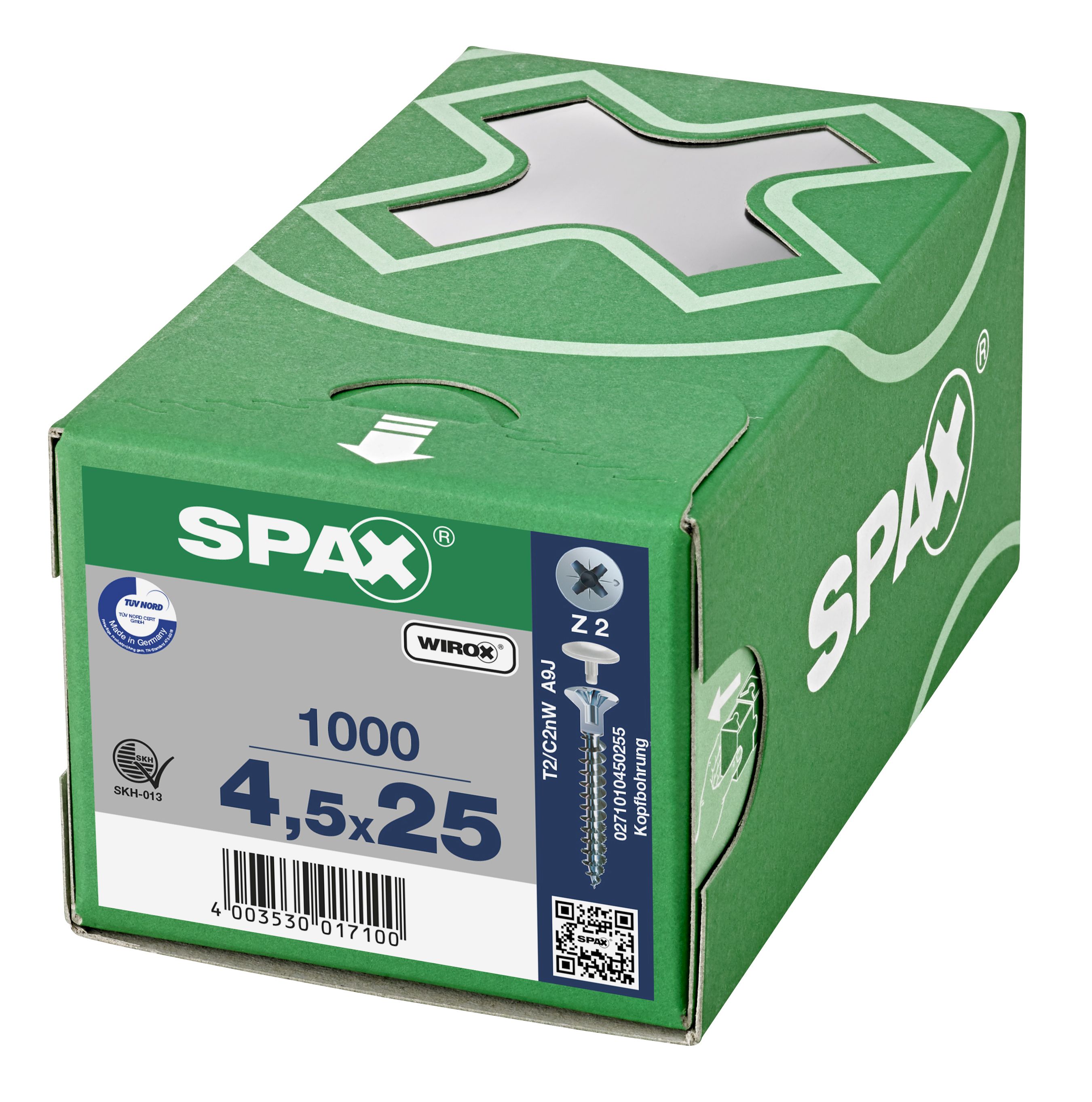 CABEZA PLANA SPAX-S NERVIOS FRESADORES TALADRO EN LA CABEZA 2,5 MM RANURA EN CRUZ Z2 ROSCA COMPLETA WIROX 1000 UD.