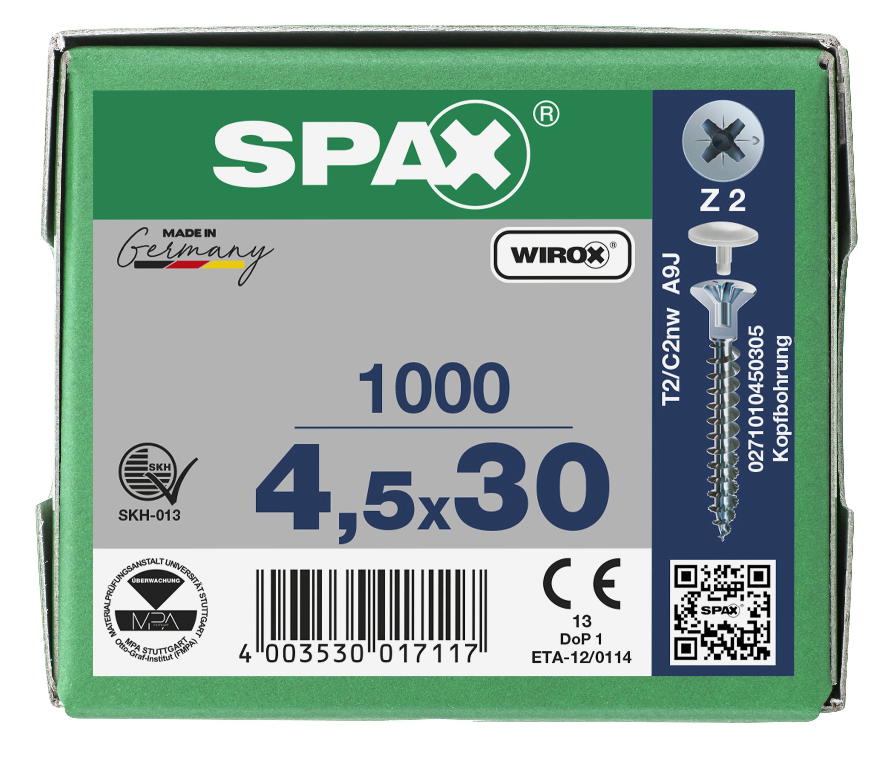 CABEZA PLANA SPAX-S NERVIOS FRESADORES TALADRO EN LA CABEZA 2,5 MM RANURA EN CRUZ Z2 ROSCA COMPLETA WIROX 1000 UD.