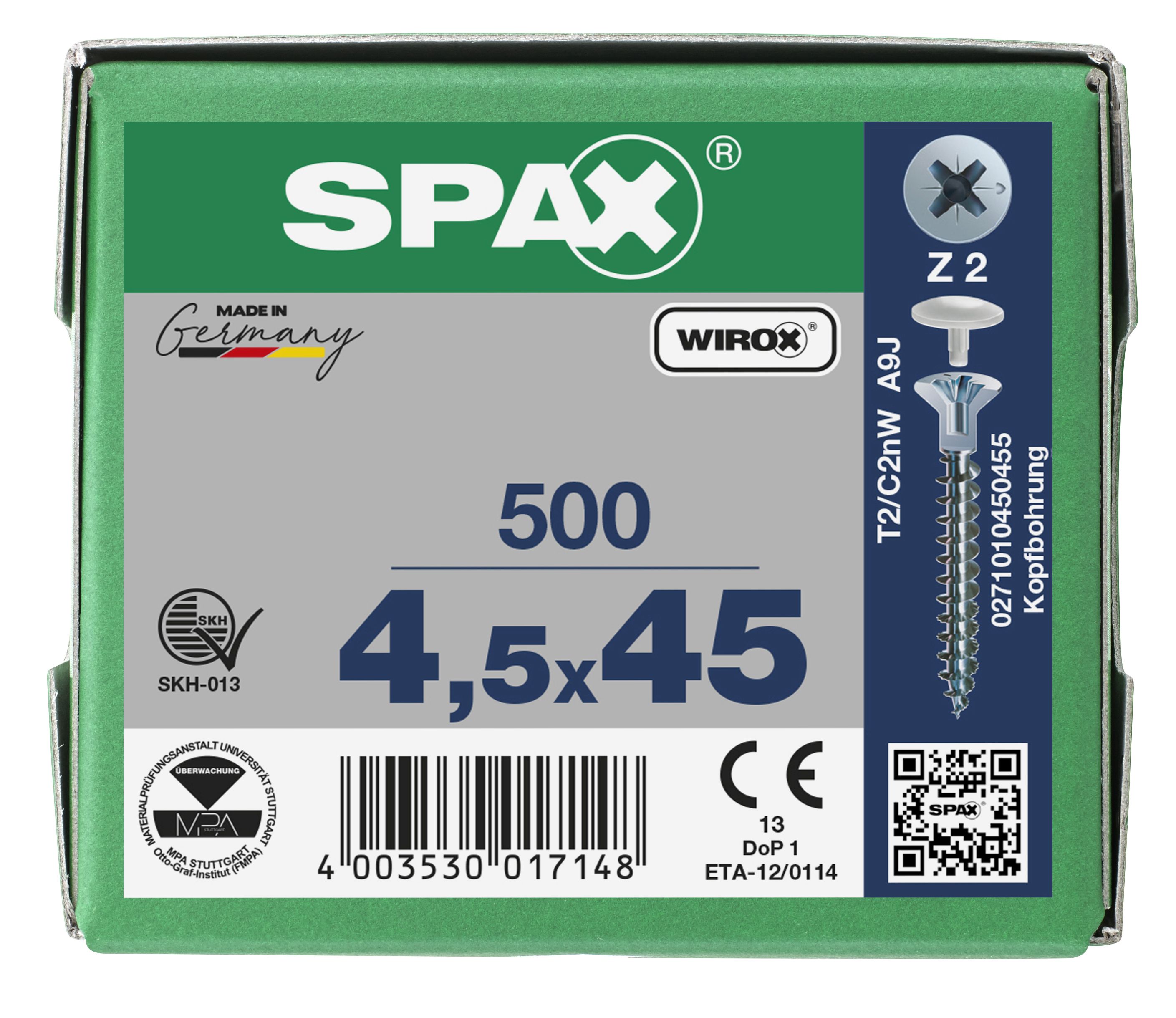 CABEZA PLANA SPAX-S NERVIOS FRESADORES TALADRO EN LA CABEZA 2,5 MM RANURA EN CRUZ Z2 ROSCA COMPLETA WIROX 500 UD.