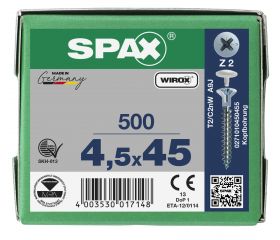 CABEZA PLANA SPAX-S NERVIOS FRESADORES TALADRO EN LA CABEZA 2,5 MM RANURA EN CRUZ Z2 ROSCA COMPLETA WIROX 500 UD.