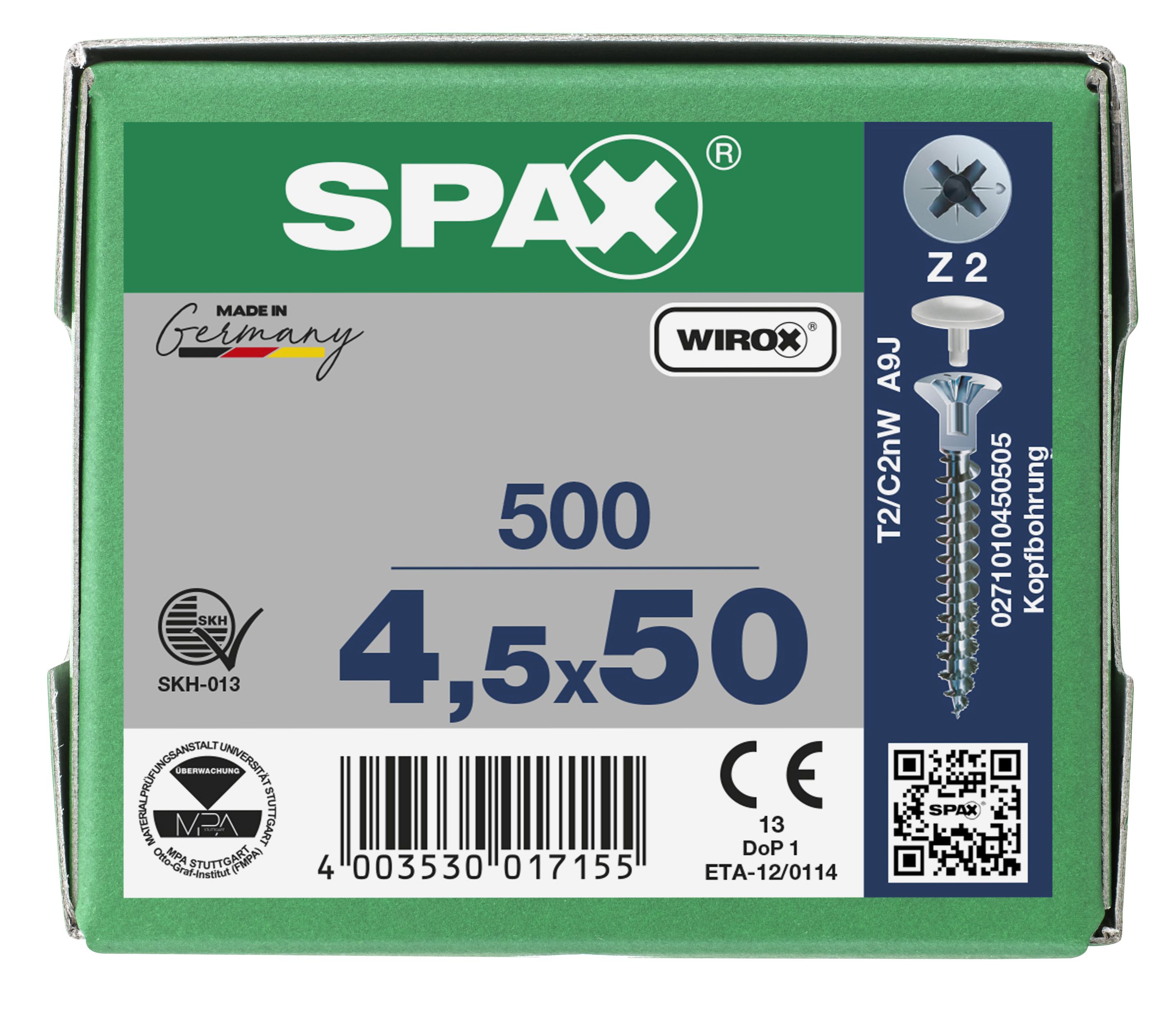 CABEZA PLANA SPAX-S NERVIOS FRESADORES TALADRO EN LA CABEZA 2,5 MM RANURA EN CRUZ Z2 ROSCA COMPLETA WIROX 500 UD.