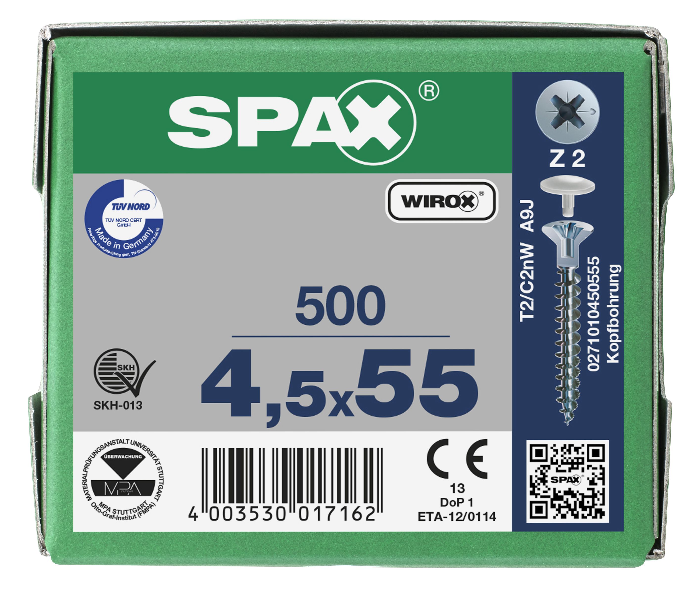 CABEZA PLANA SPAX-S NERVIOS FRESADORES TALADRO EN LA CABEZA 2,5 MM RANURA EN CRUZ Z2 ROSCA COMPLETA WIROX 500 UD.