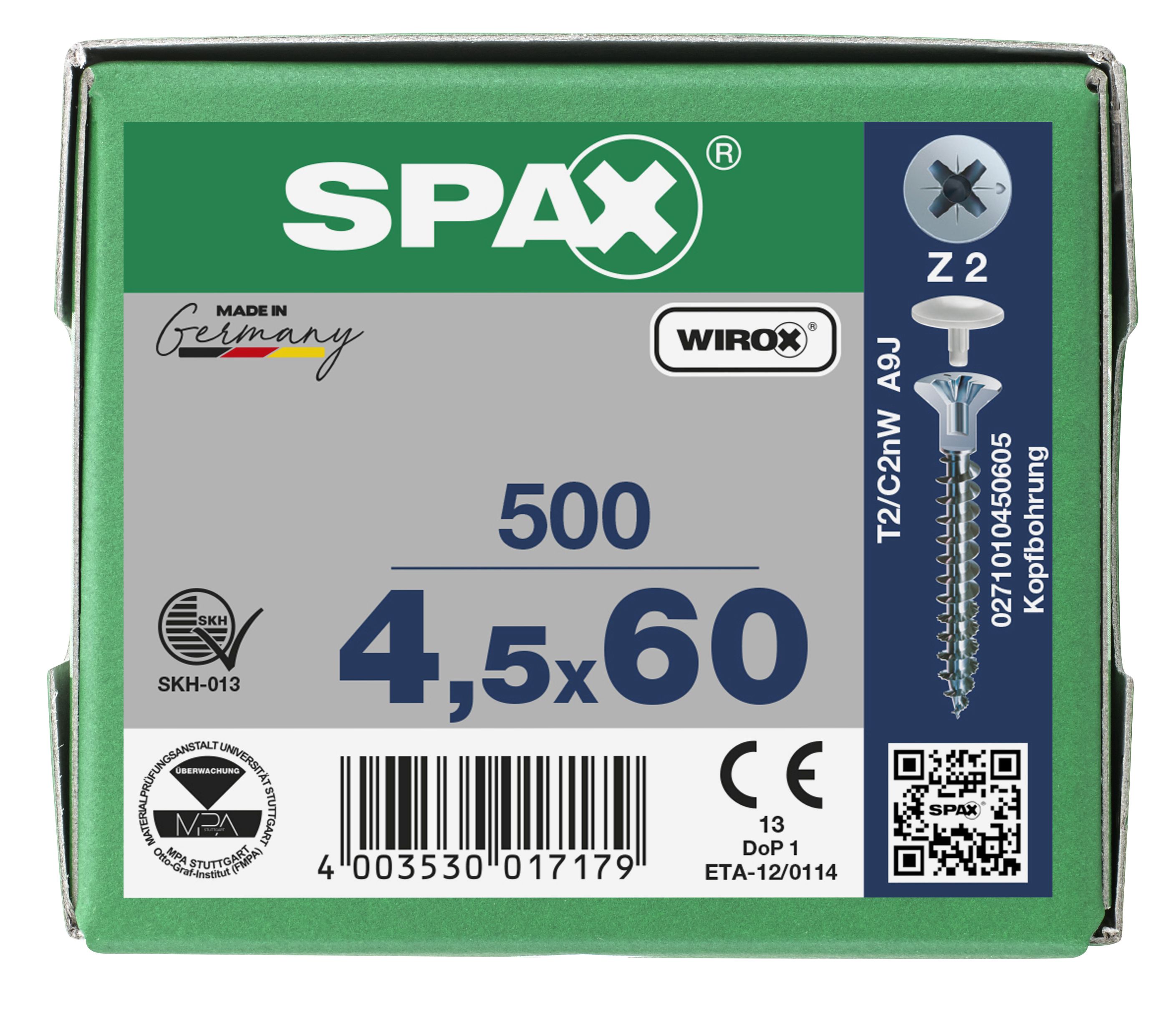 CABEZA PLANA SPAX-S NERVIOS FRESADORES TALADRO EN LA CABEZA 2,5 MM RANURA EN CRUZ Z2 ROSCA COMPLETA WIROX 500 UD.