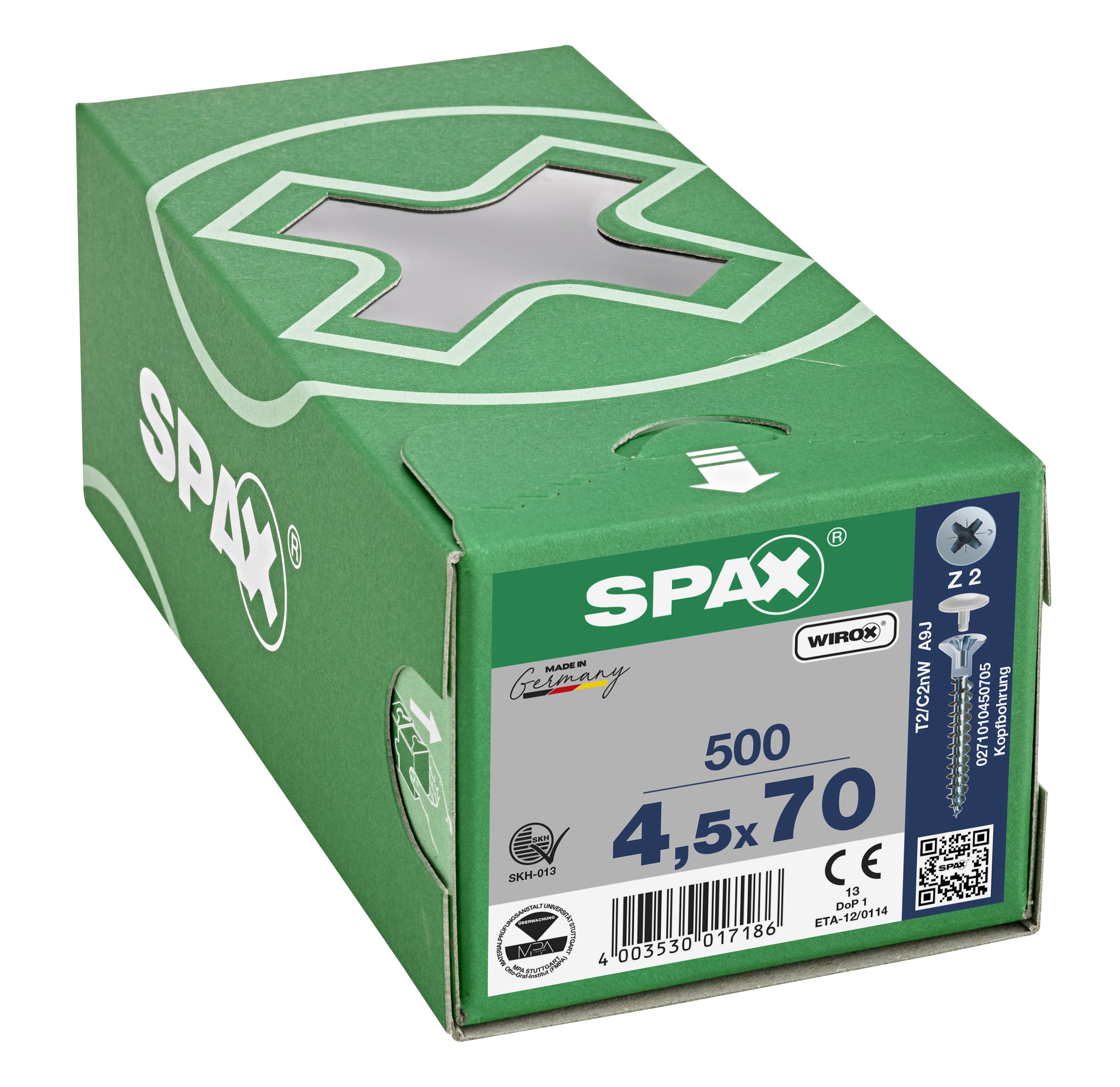 CABEZA PLANA SPAX-S NERVIOS FRESADORES TALADRO EN LA CABEZA 2,5 MM RANURA EN CRUZ Z2 ROSCA COMPLETA WIROX 500 UD.