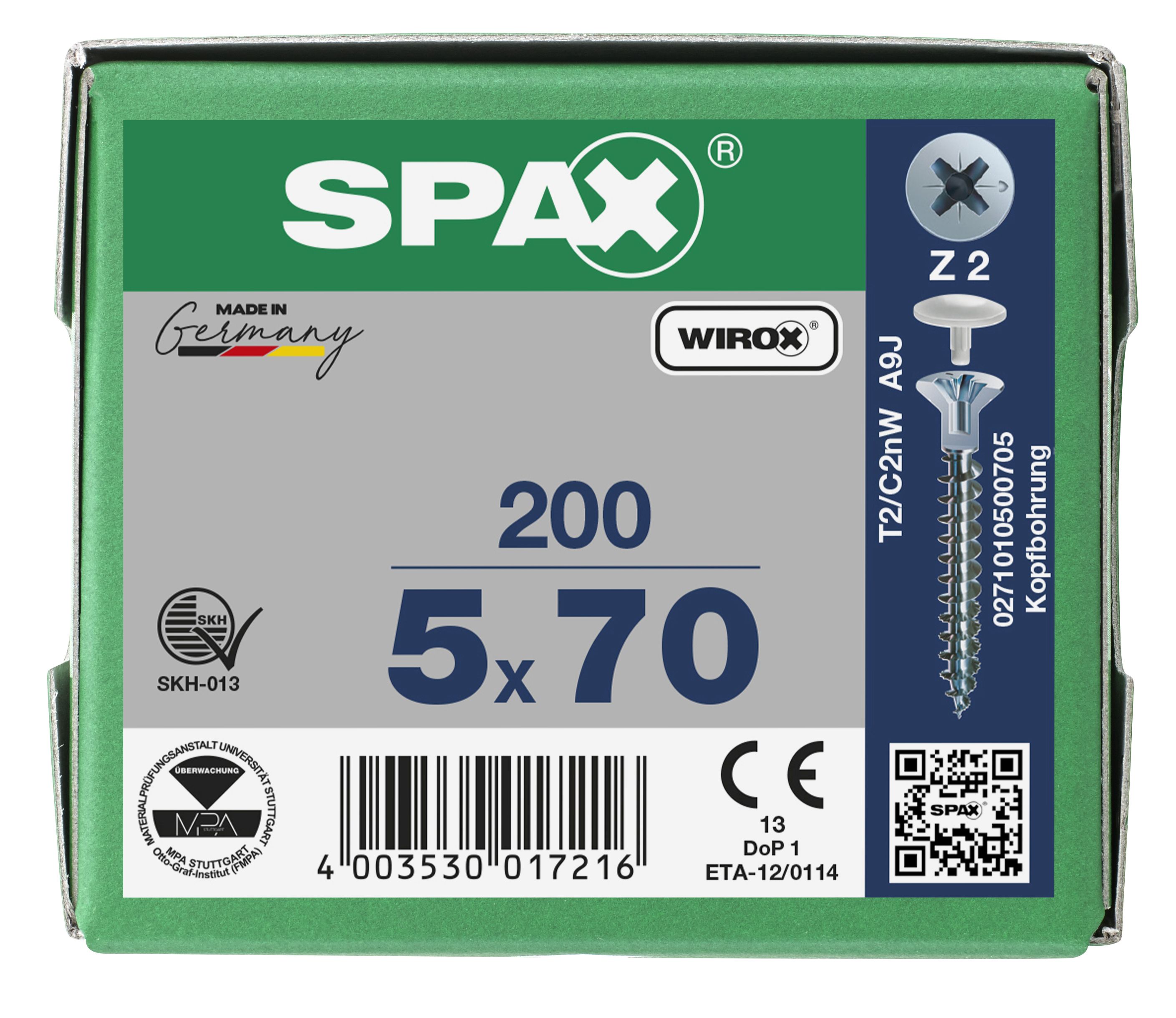 CABEZA PLANA SPAX-S NERVIOS FRESADORES TALADRO EN LA CABEZA 2,5 MM RANURA EN CRUZ Z2 ROSCA COMPLETA WIROX 200 UD.