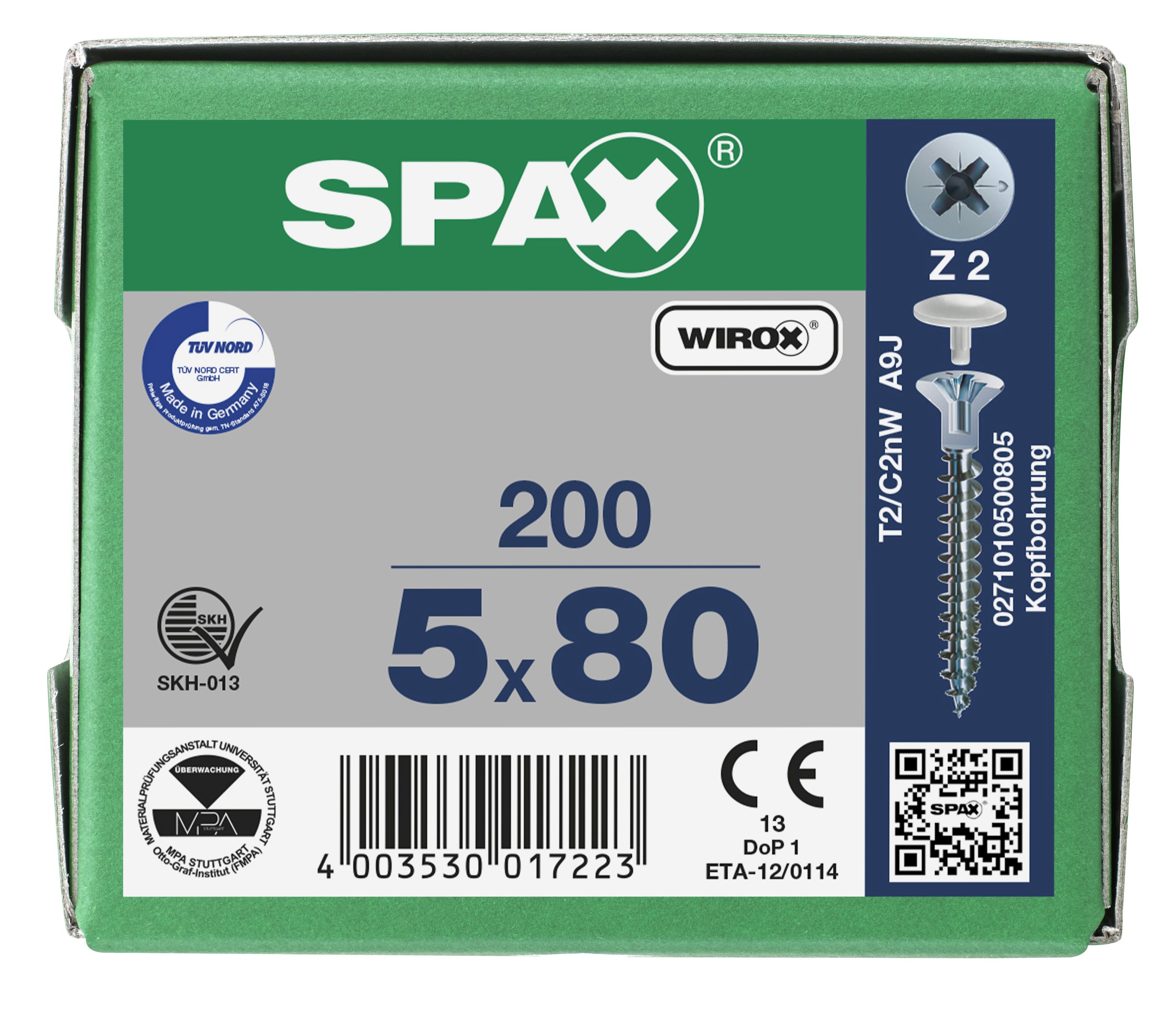 CABEZA PLANA SPAX-S NERVIOS FRESADORES TALADRO EN LA CABEZA 2,5 MM RANURA EN CRUZ Z2 ROSCA COMPLETA WIROX 200 UD.