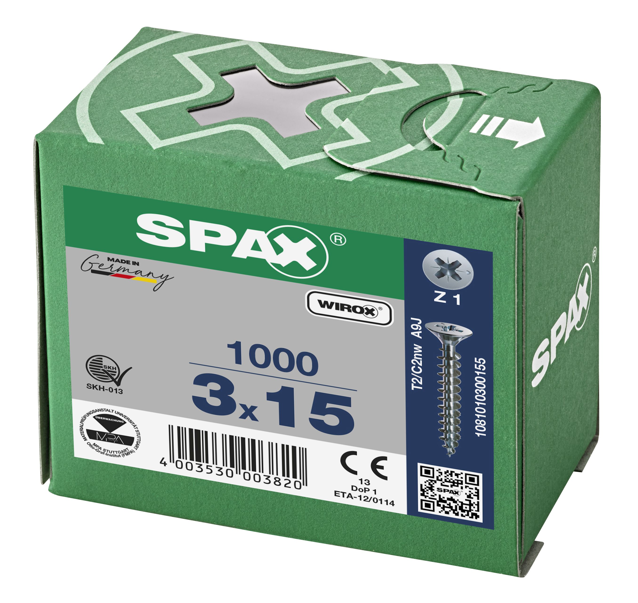 CABEZA PLANA SPAX-S NERVIOS DE FRENADO RANURA EN CRUZ Z1 ROSCA COMPLETA WIROX 1000 UD.