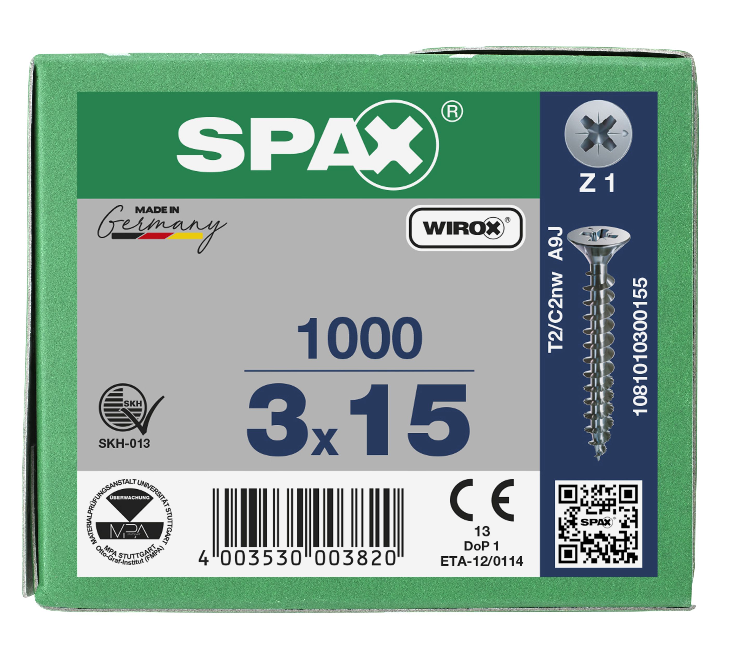 CABEZA PLANA SPAX-S NERVIOS DE FRENADO RANURA EN CRUZ Z1 ROSCA COMPLETA WIROX 1000 UD.