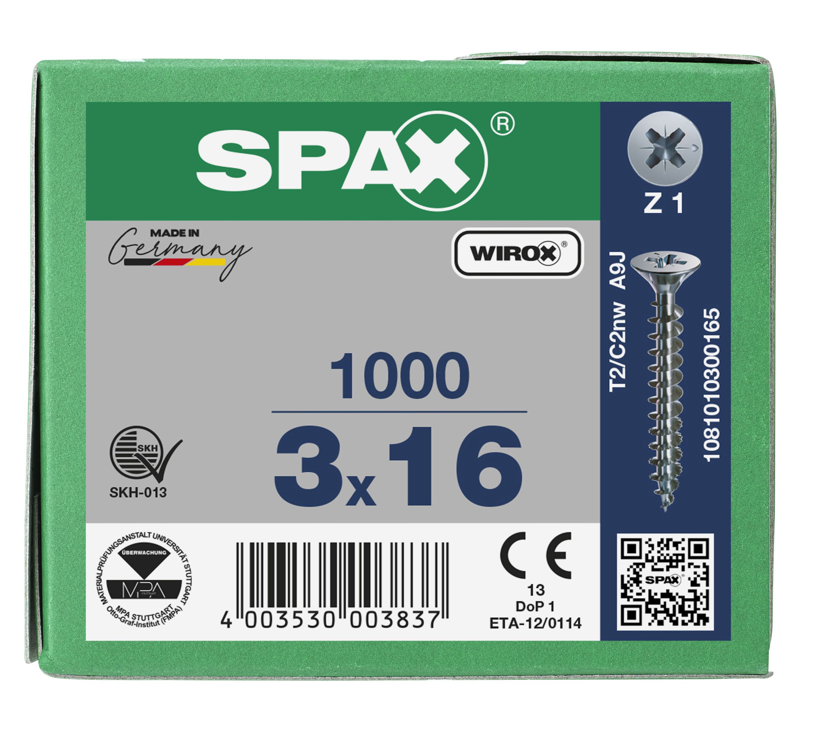 CABEZA PLANA SPAX-S NERVIOS DE FRENADO RANURA EN CRUZ Z1 ROSCA COMPLETA WIROX 1000 UD.