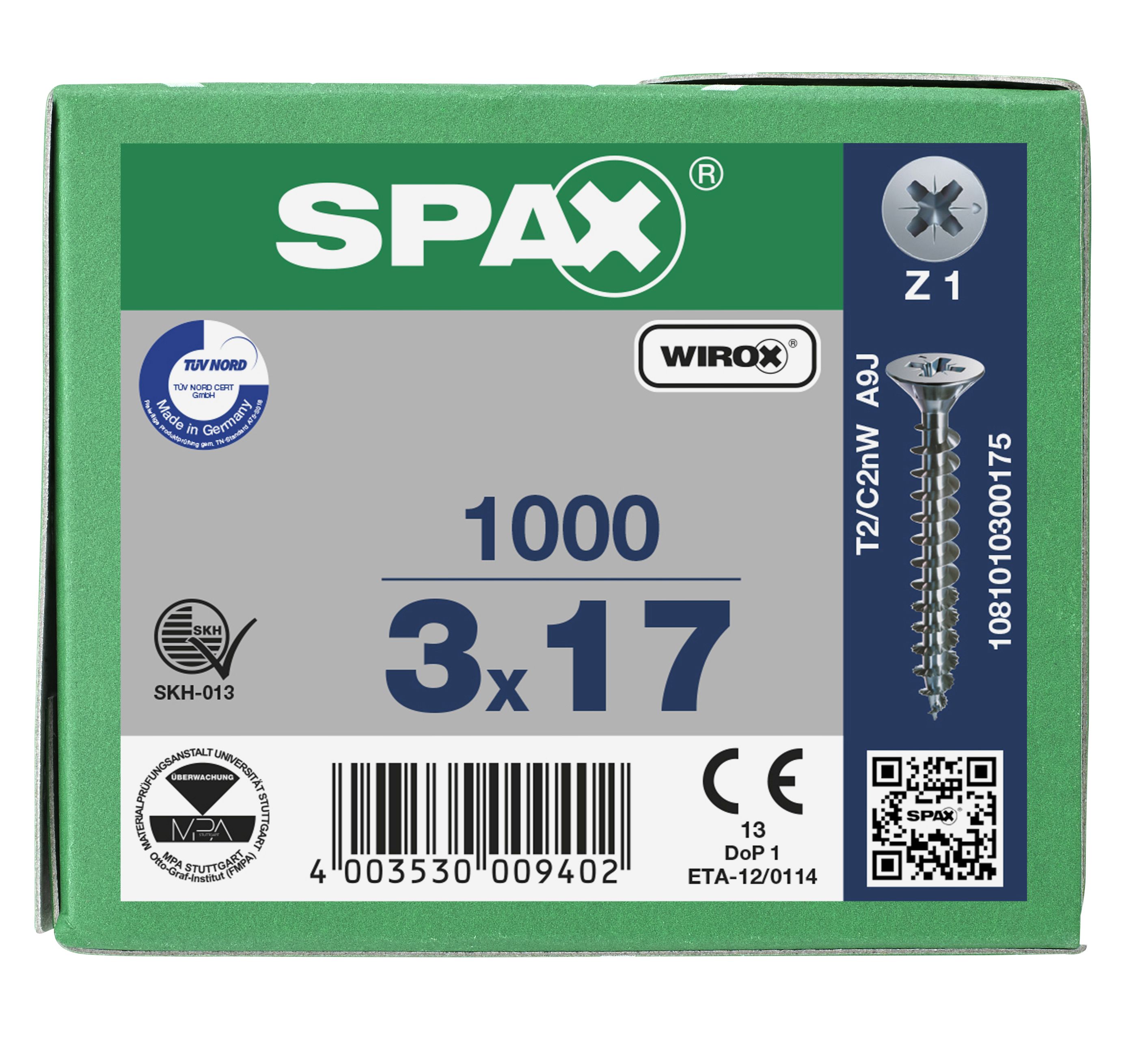 CABEZA PLANA SPAX-S NERVIOS DE FRENADO RANURA EN CRUZ Z1 ROSCA COMPLETA WIROX 1000 UD.