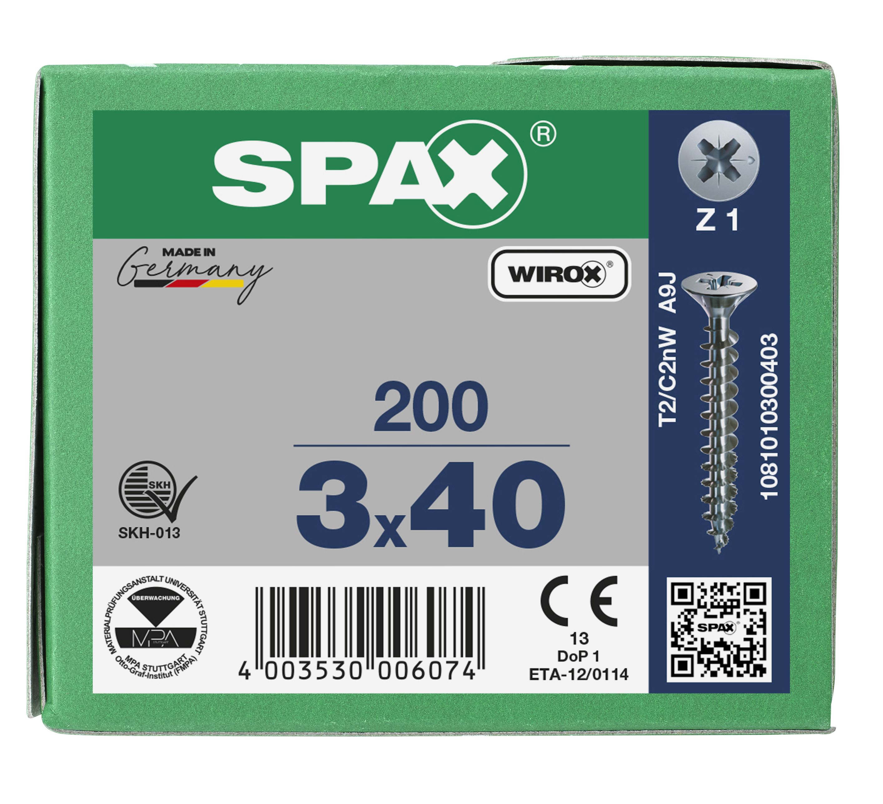 CABEZA PLANA SPAX-S NERVIOS DE FRENADO RANURA EN CRUZ Z1 ROSCA COMPLETA WIROX 200 UD.