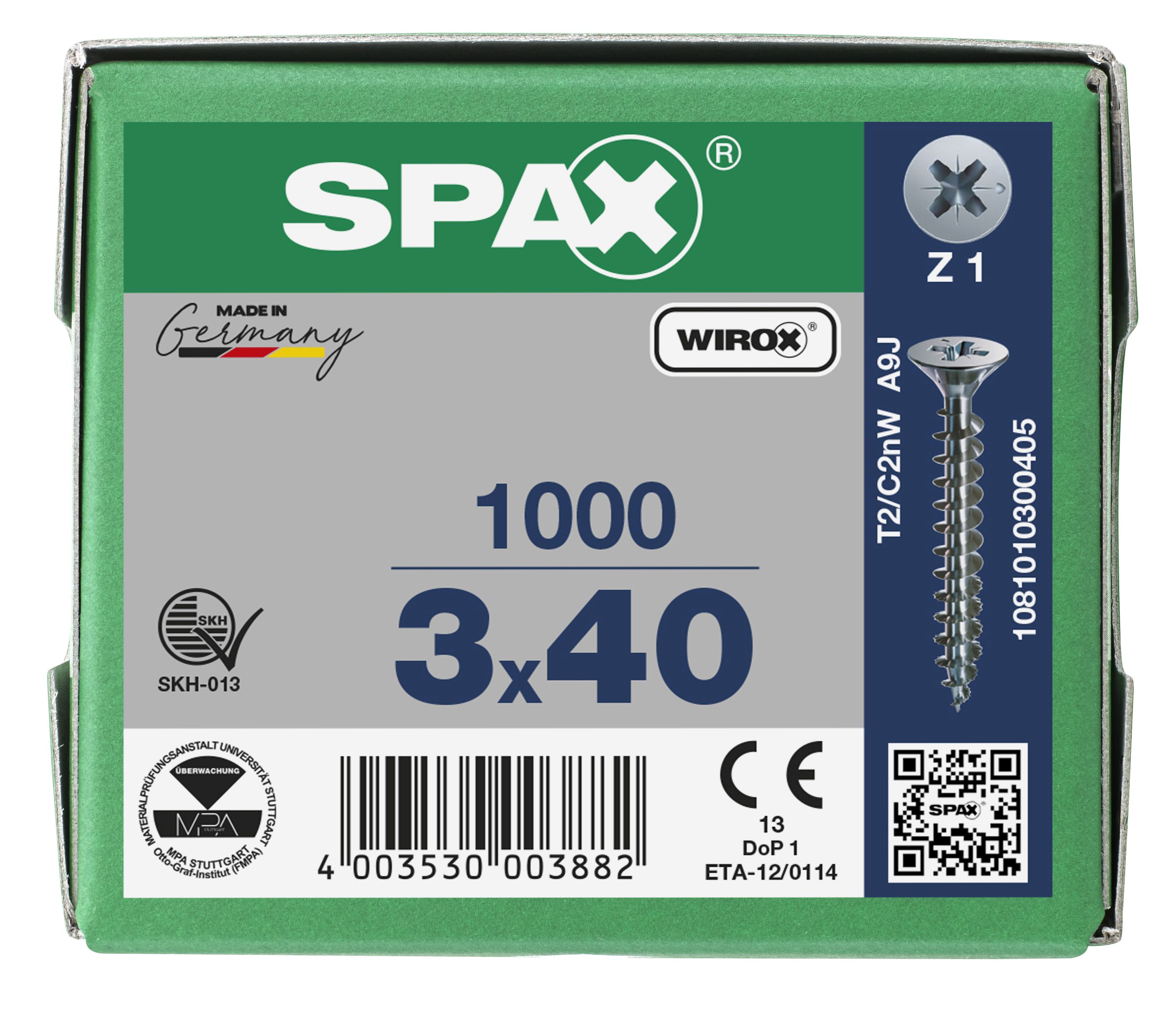 CABEZA PLANA SPAX-S NERVIOS DE FRENADO RANURA EN CRUZ Z1 ROSCA COMPLETA WIROX 1000 UD.