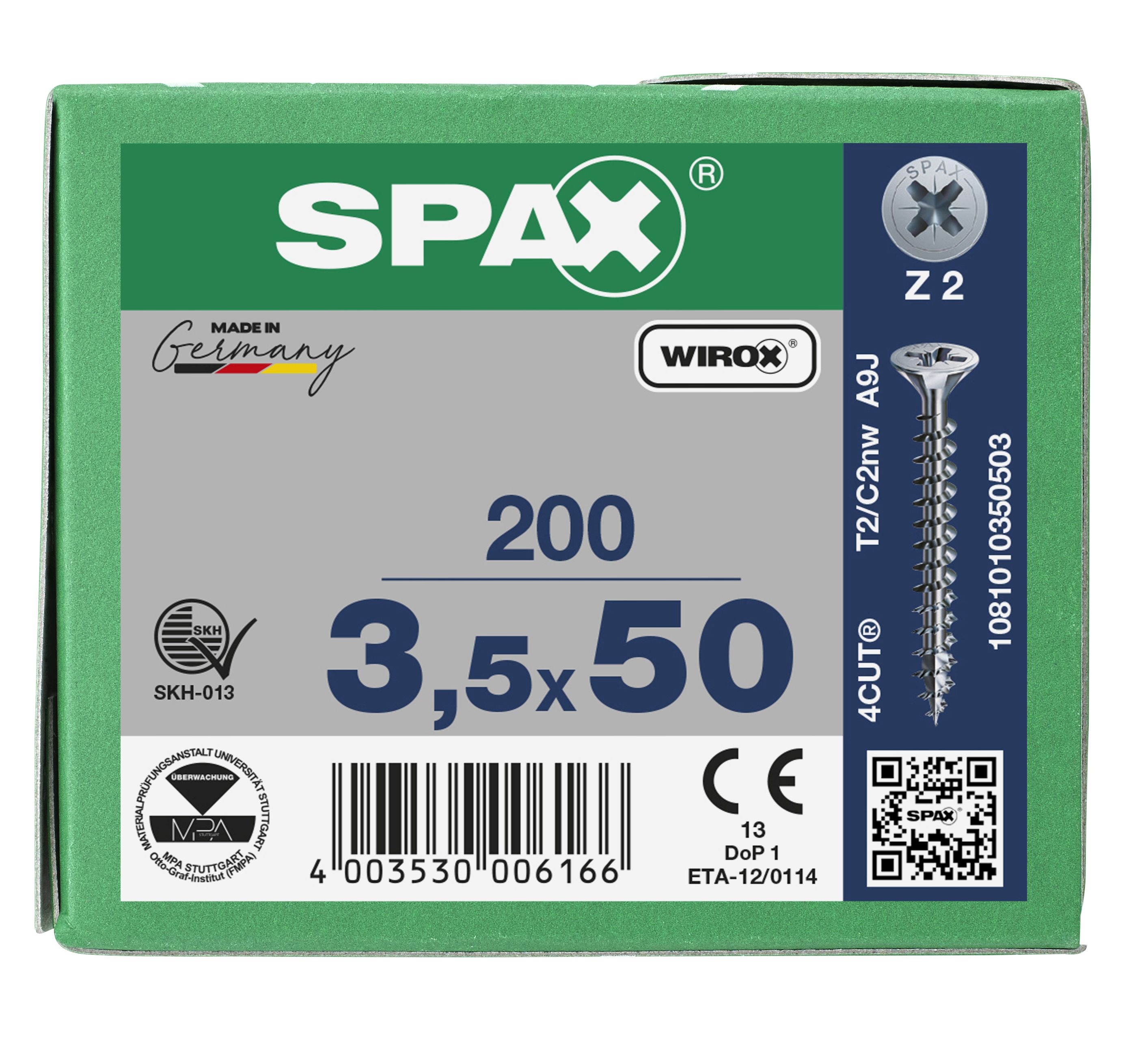 CABEZA MÚLTIPLE PLANA SPAX RANURA EN CRUZ Z2 ROSCA COMPLETA WIROX 200 UD.