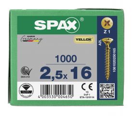 CABEZA PLANA SPAX-S NERVIOS DE FRENADO RANURA EN CRUZ Z1 ROSCA COMPLETA YELLOX 1000 UD.