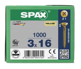 CABEZA PLANA SPAX-S NERVIOS DE FRENADO RANURA EN CRUZ Z1 ROSCA COMPLETA YELLOX 1000 UD.