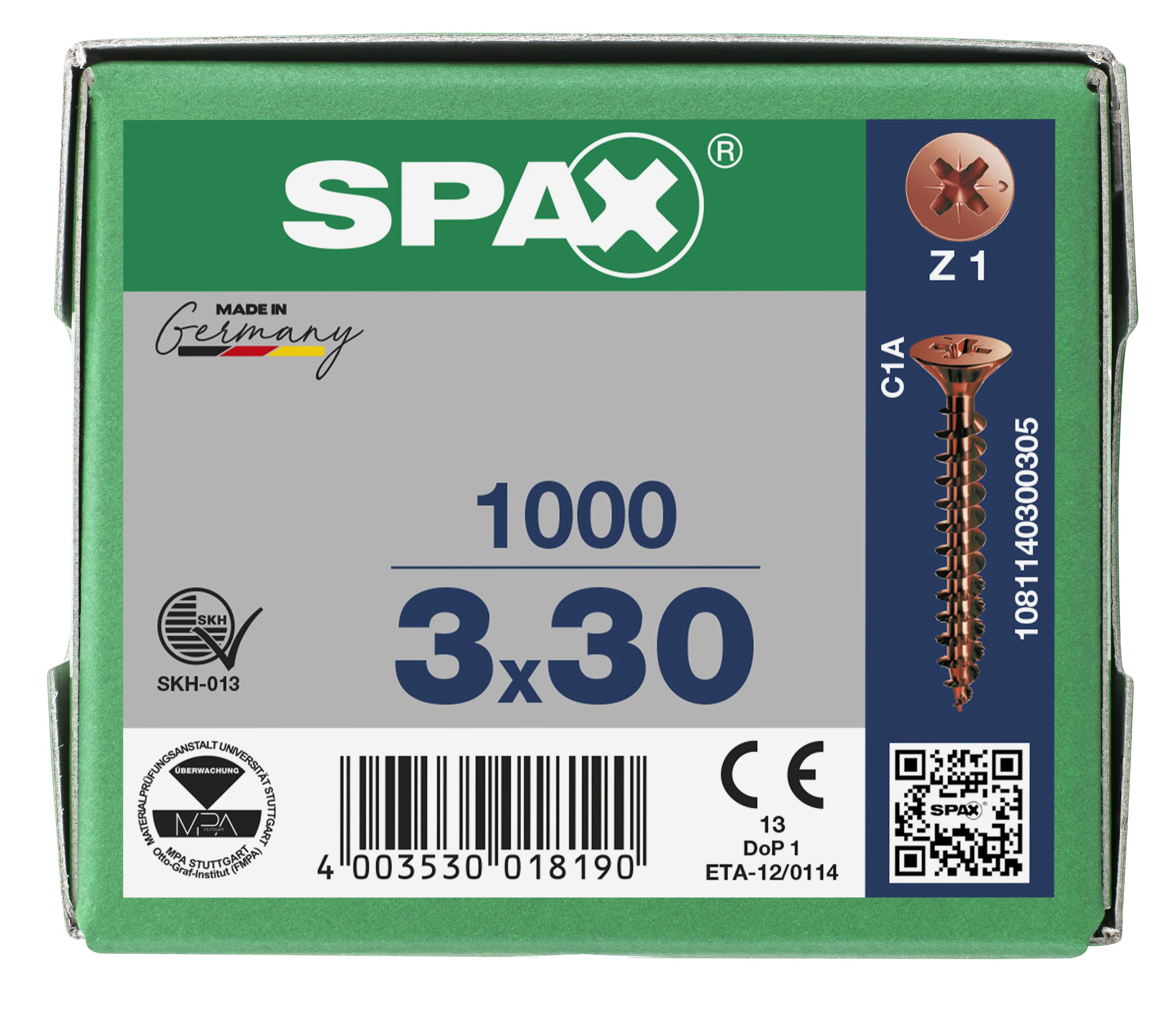 CABEZA PLANA SPAX-S NERVIOS DE FRENADO RANURA EN CRUZ Z1 ROSCA COMPLETA BRONCE 1000 UD.