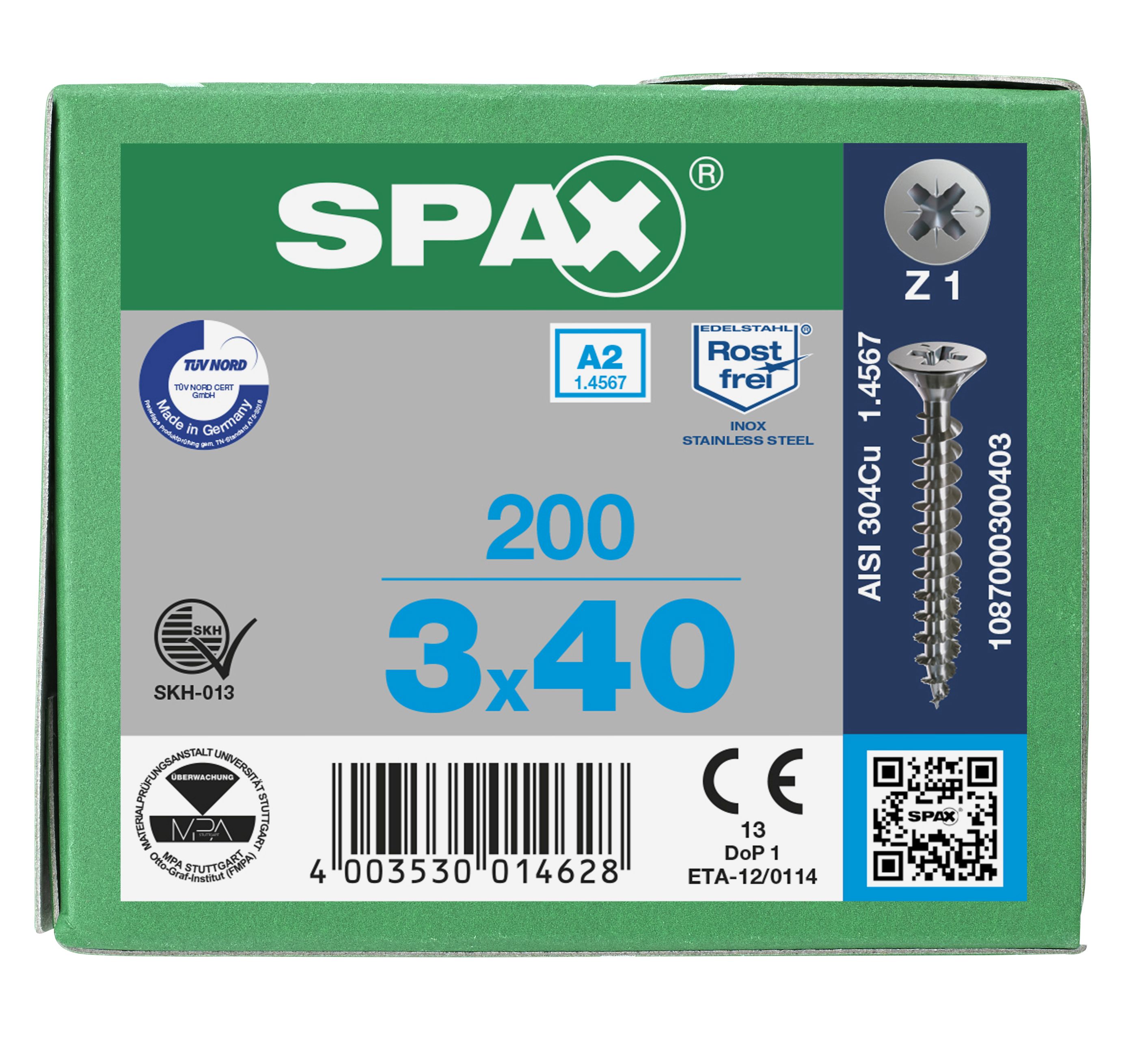 CABEZA PLANA SPAX-S A2 NERVIOS DE FRENADO RANURA EN CRUZ Z1 ROSCA COMPLETA 200 UD.