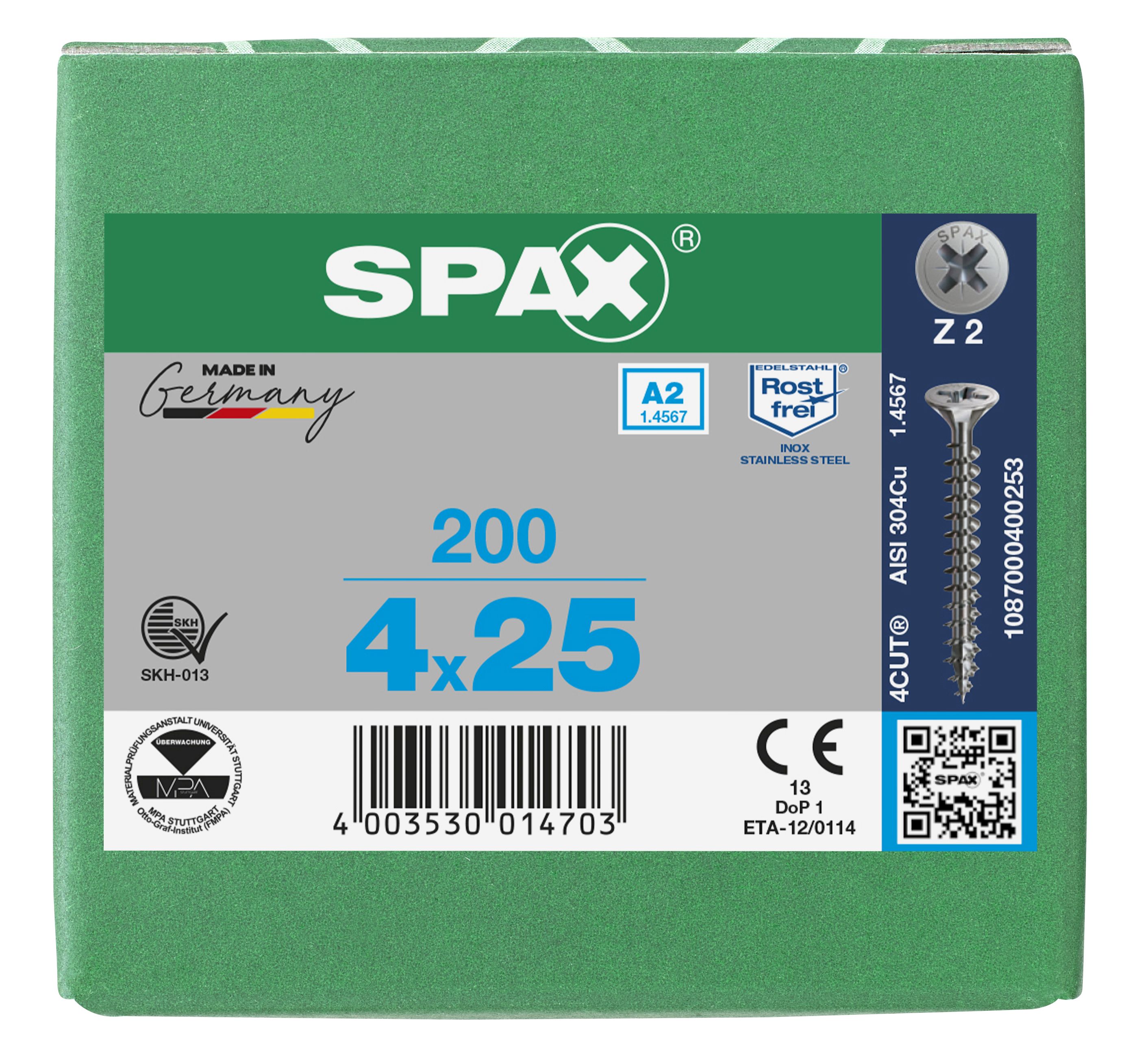 CABEZA MÚLTIPLE PLANA SPAX A2 RANURA EN CRUZ Z2 ROSCA COMPLETA 200 UD.