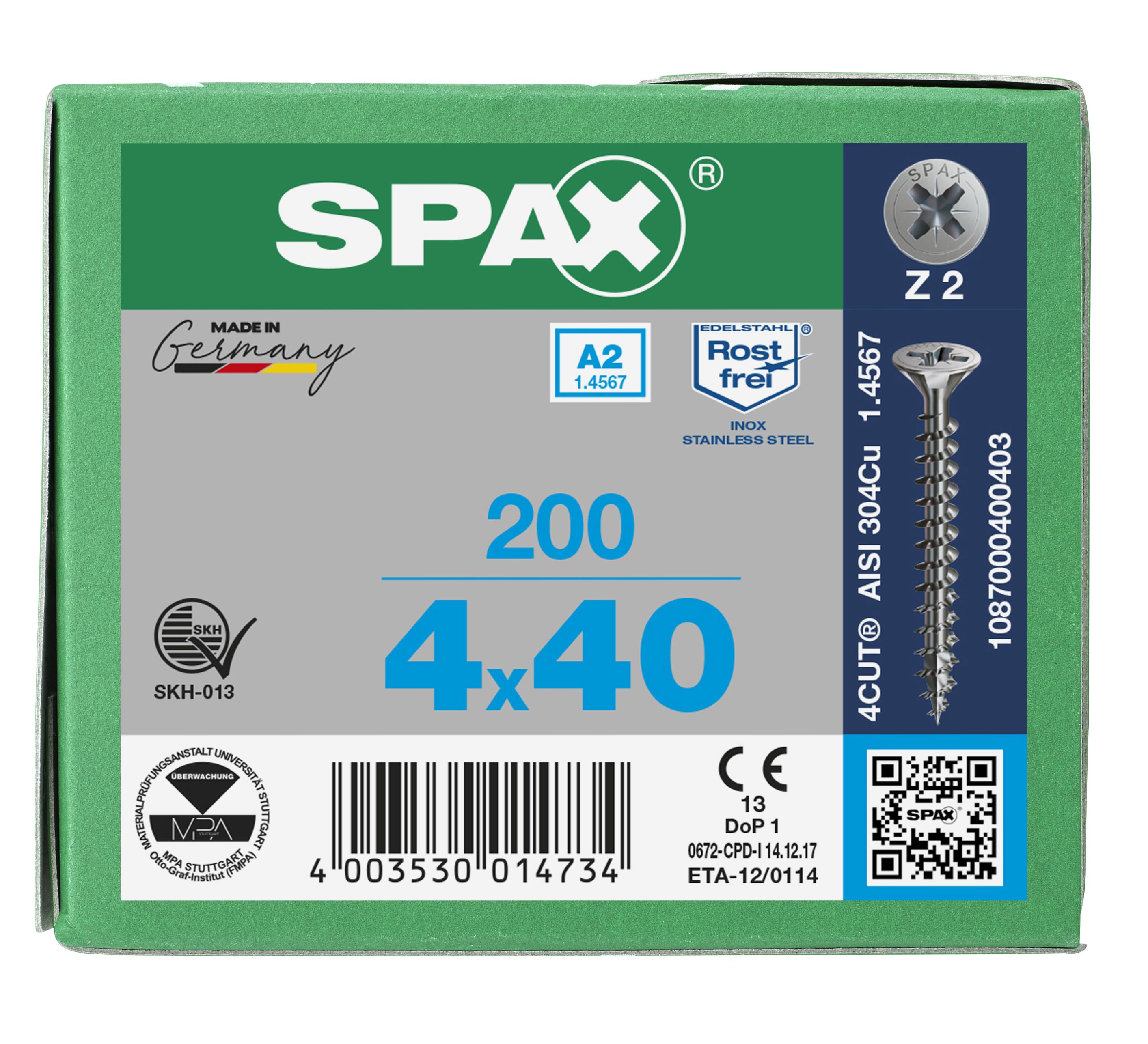 CABEZA MÚLTIPLE PLANA SPAX A2 RANURA EN CRUZ Z2 ROSCA COMPLETA 200 UD.