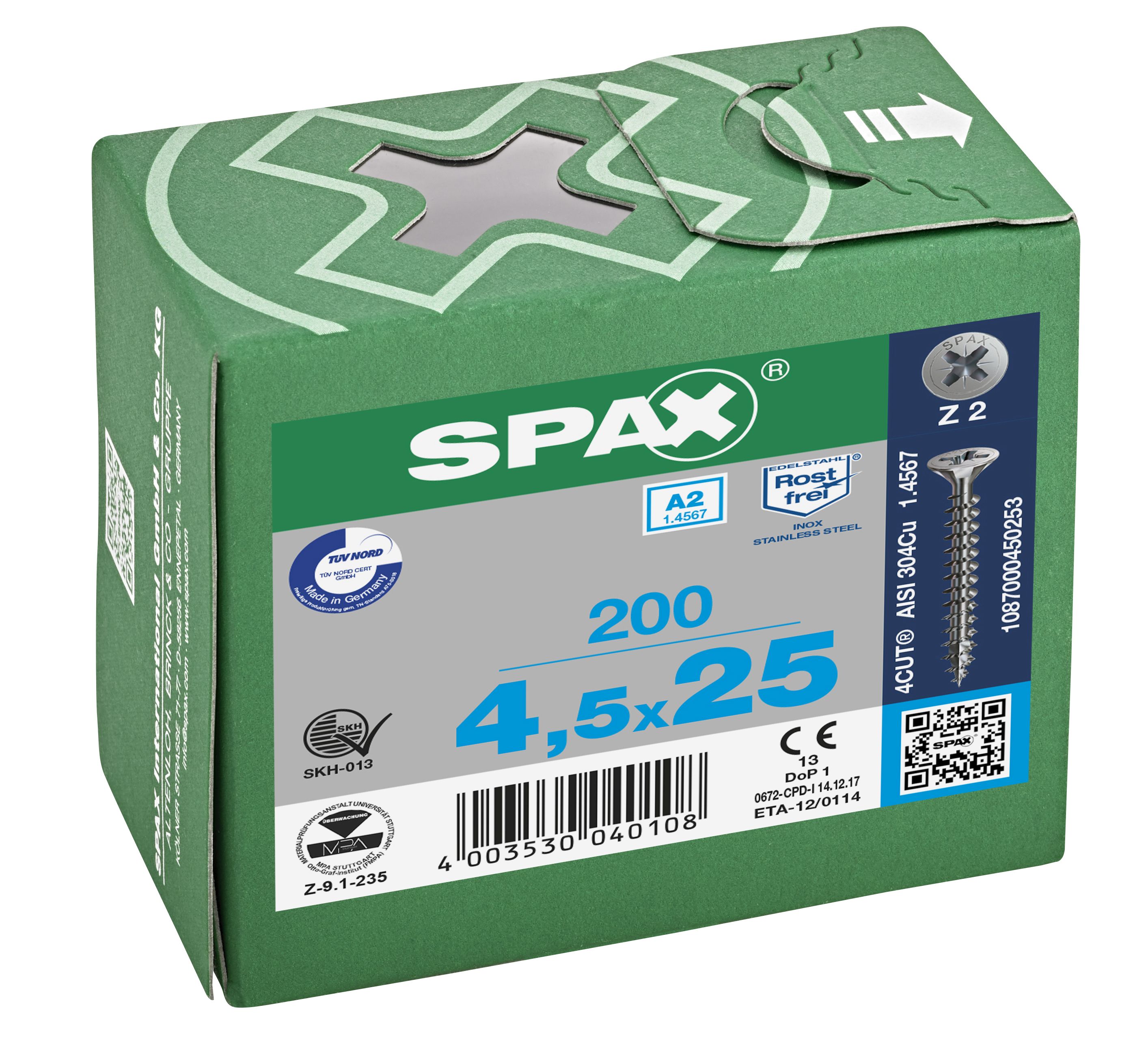 CABEZA MÚLTIPLE PLANA SPAX A2 RANURA EN CRUZ Z2 ROSCA COMPLETA 200 UD.