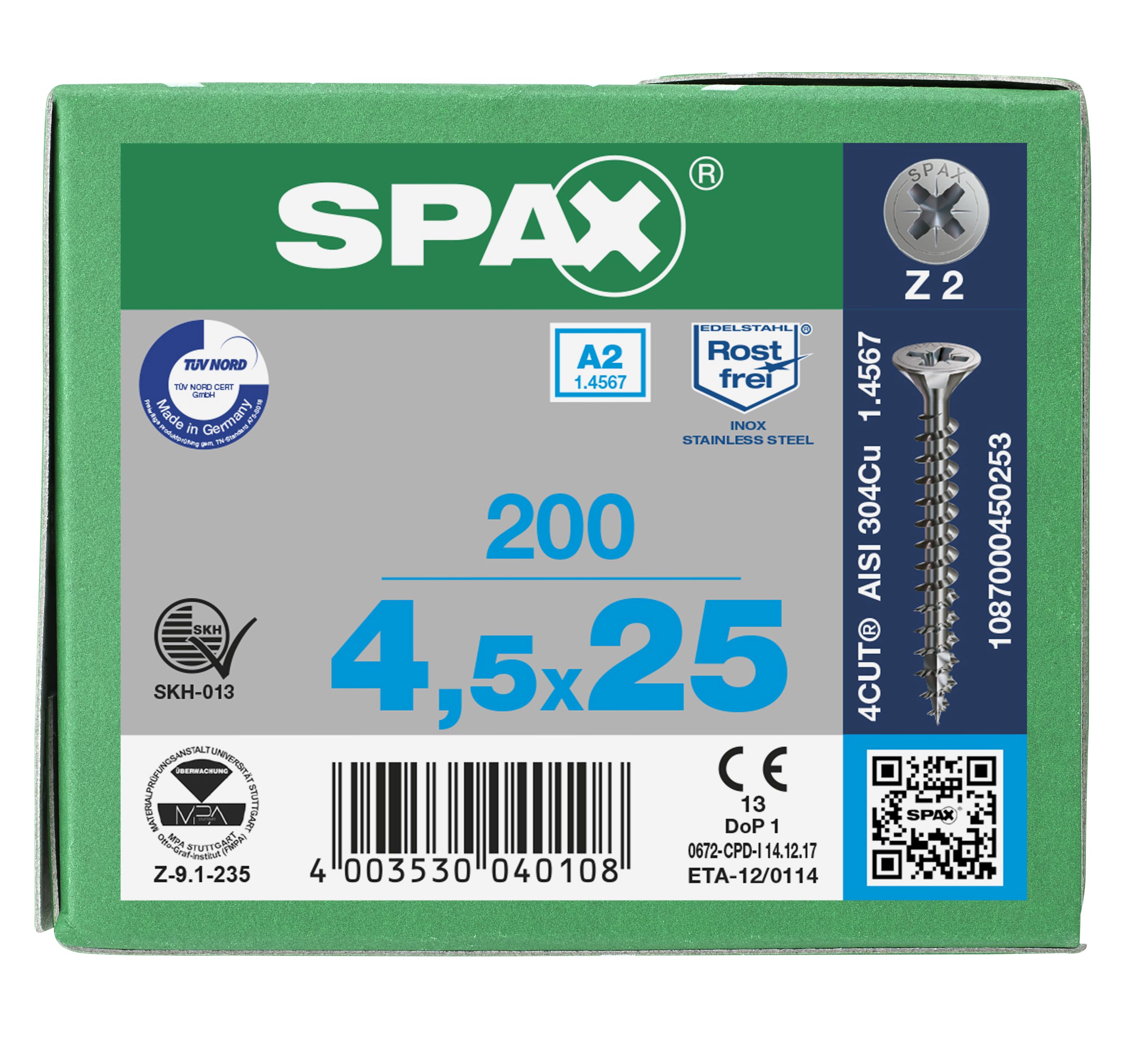 CABEZA MÚLTIPLE PLANA SPAX A2 RANURA EN CRUZ Z2 ROSCA COMPLETA 200 UD.