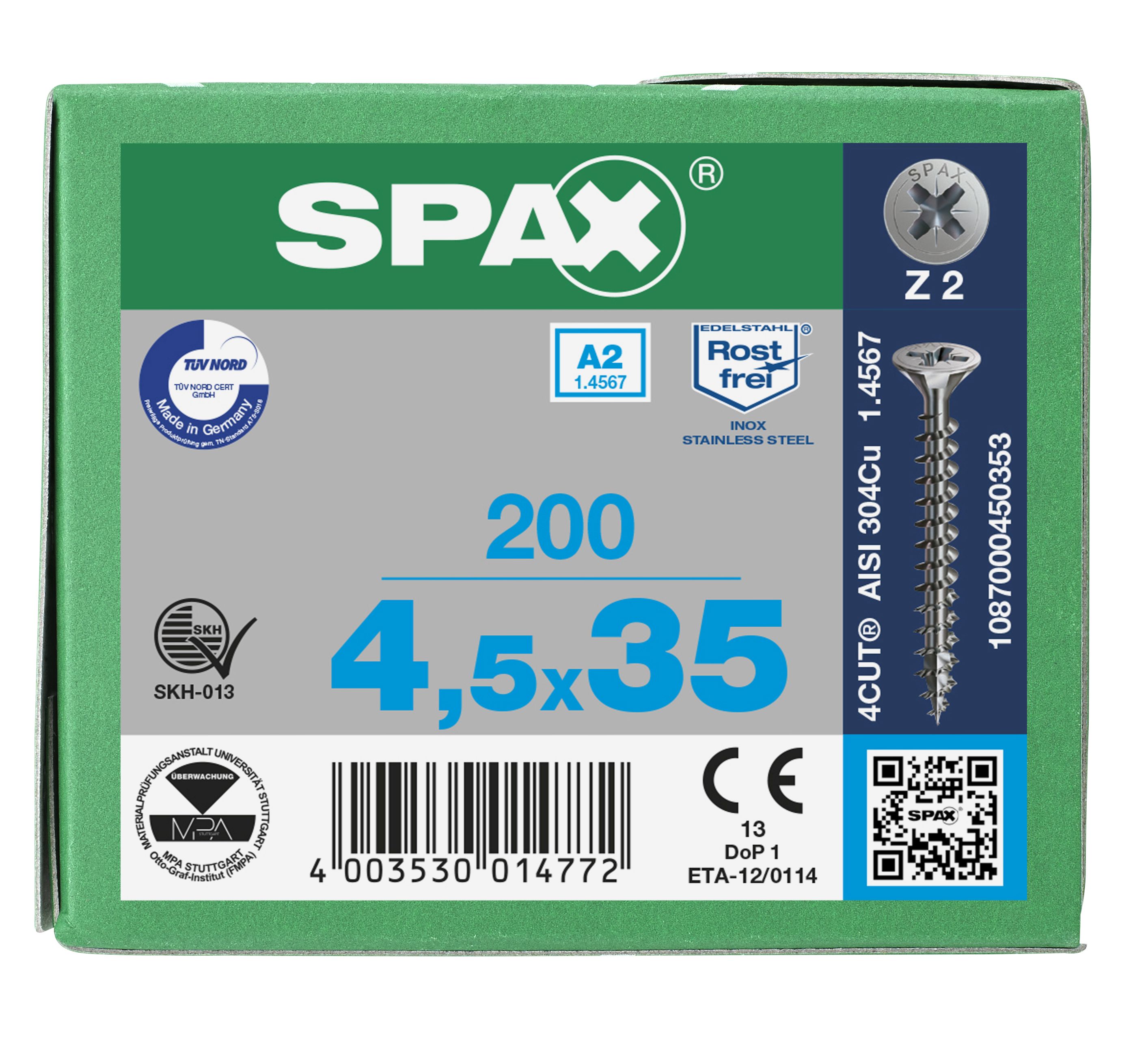 CABEZA MÚLTIPLE PLANA SPAX A2 RANURA EN CRUZ Z2 ROSCA COMPLETA 200 UD.