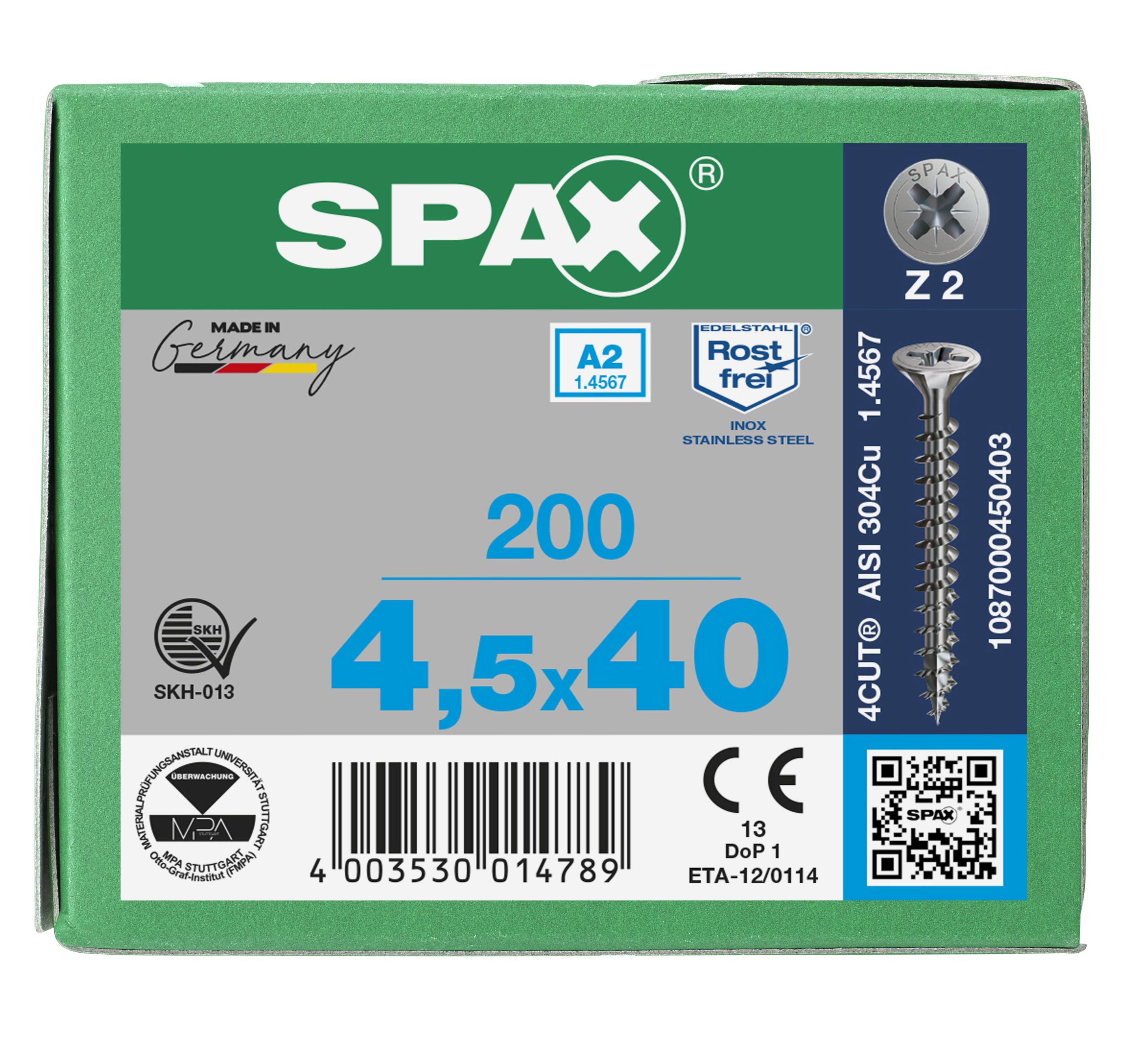 CABEZA MÚLTIPLE PLANA SPAX A2 RANURA EN CRUZ Z2 ROSCA COMPLETA 200 UD.